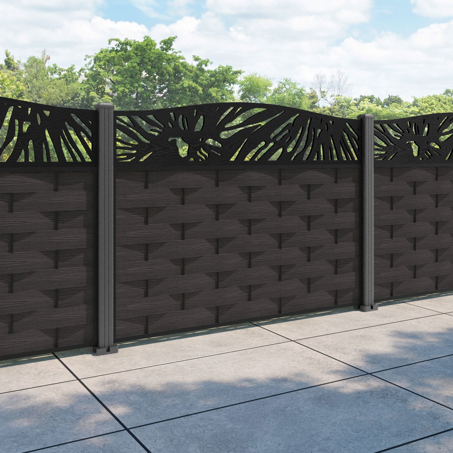Ripple Poppy Curved Top Fence Panel - Dark Oak - with our aluminium posts