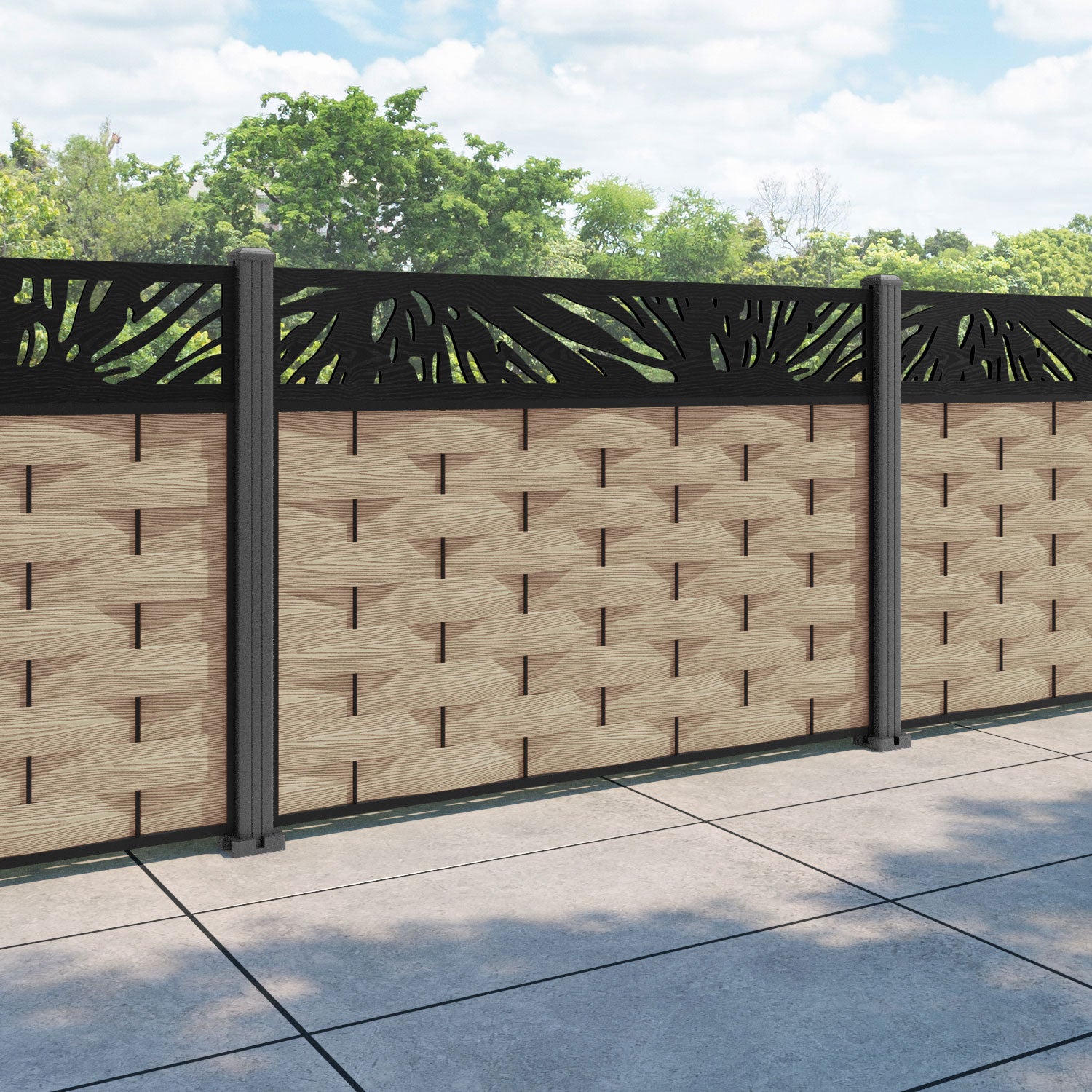 Ripple Poppy Fence Panel - Light Oak - with our aluminium posts