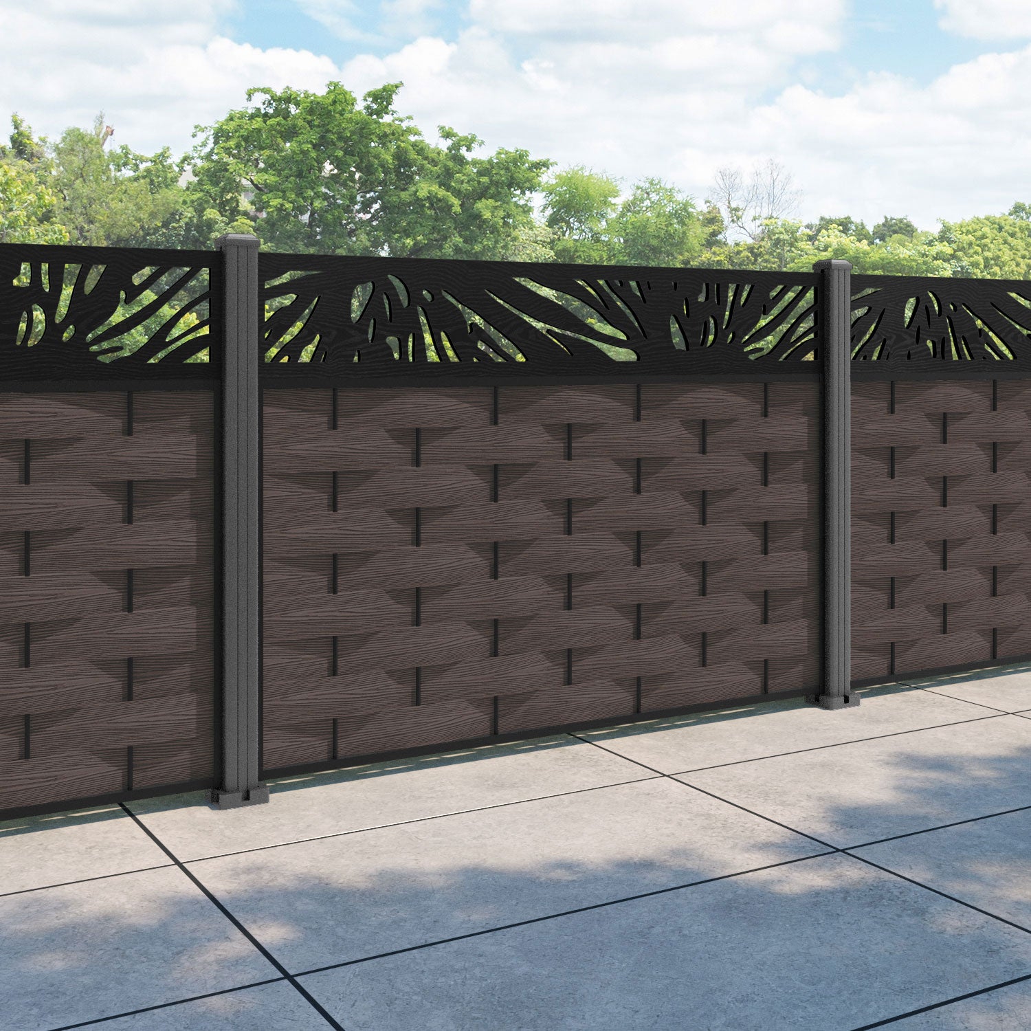 Ripple Poppy Fence Panel - Mid Brown - with our aluminium posts