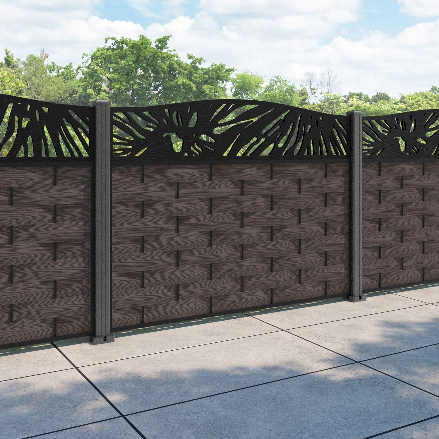 Ripple Poppy Curved Top Fence Panel - Mid Brown - with our aluminium posts