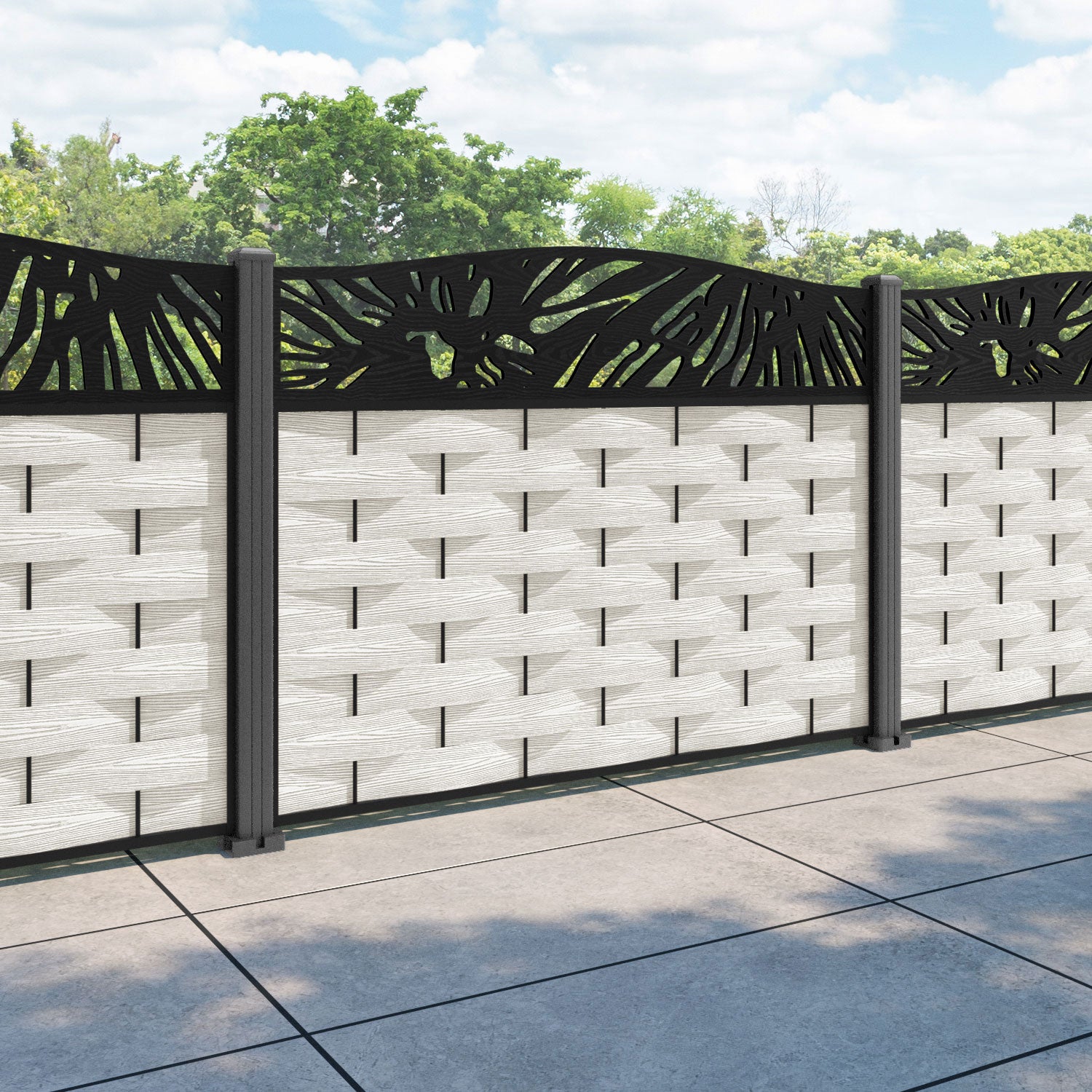 Ripple Poppy Curved Top Fence Panel - Light Stone - with our aluminium posts