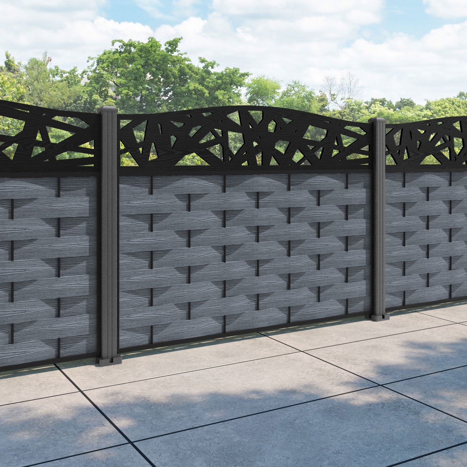 Ripple Prism Curved Top Fence Panel - Anthracite - with our aluminium posts
