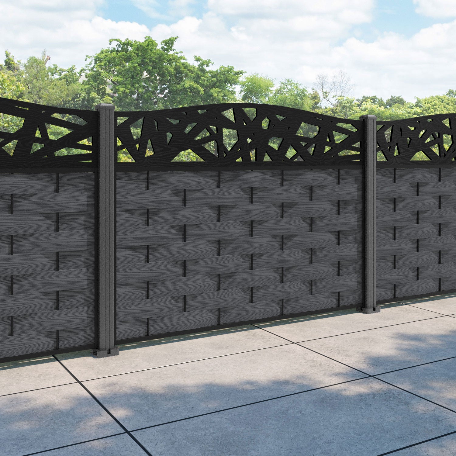 Ripple Prism Curved Top Fence Panel - Dark Grey - with our aluminium posts