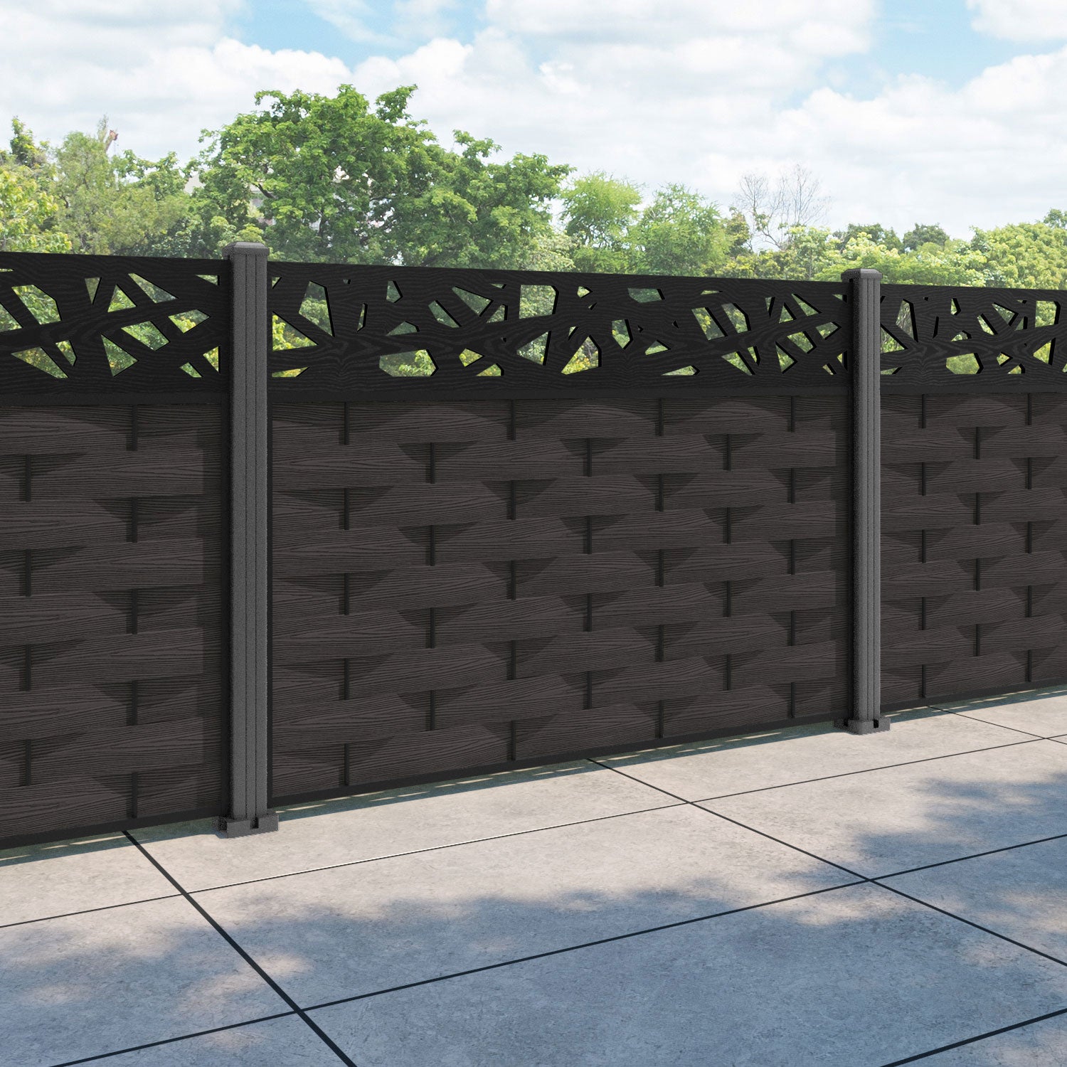 Ripple Prism Fence Panel - Dark Oak - with our aluminium posts