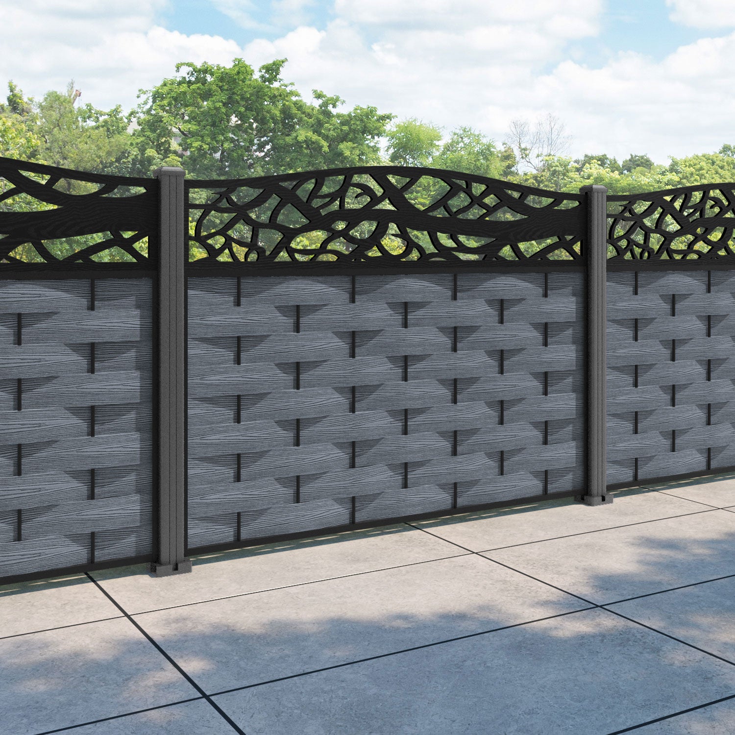 Ripple Twilight Curved Top Fence Panel - Anthracite - with our aluminium posts