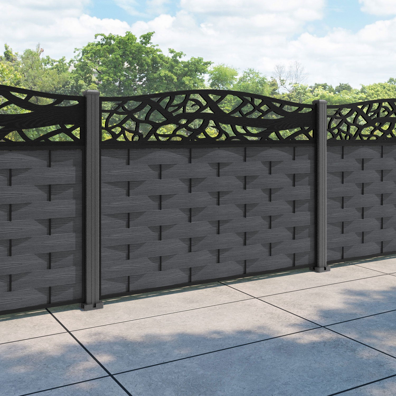 Ripple Twilight Curved Top Fence Panel - Dark Grey - with our aluminium posts
