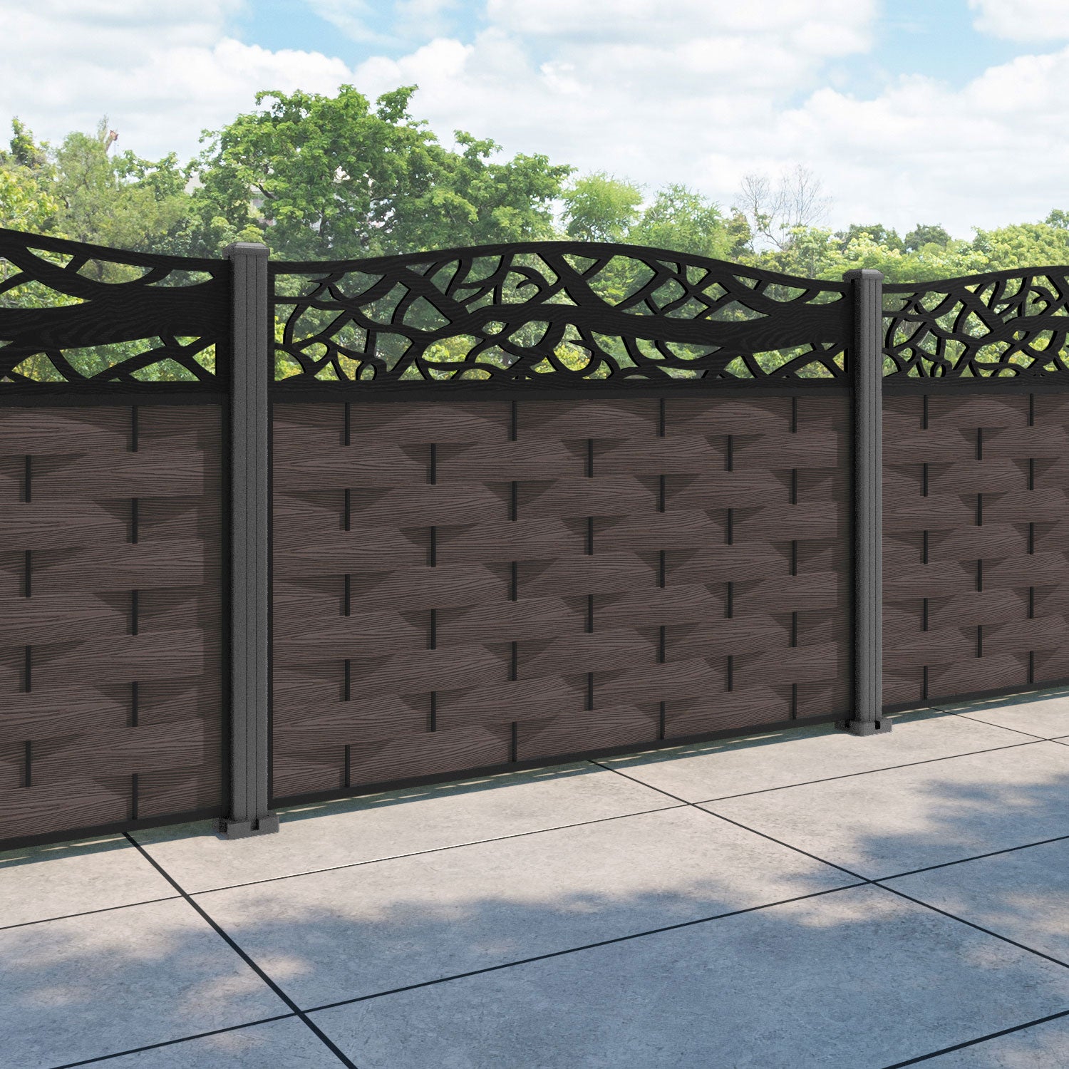 Ripple Twilight Curved Top Fence Panel - Mid Brown - with our aluminium posts