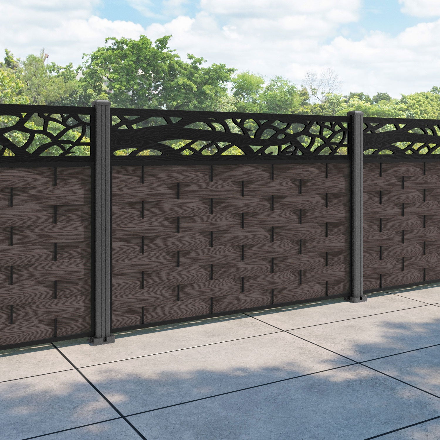 Ripple Twilight Fence Panel - Mid Brown - with our aluminium posts