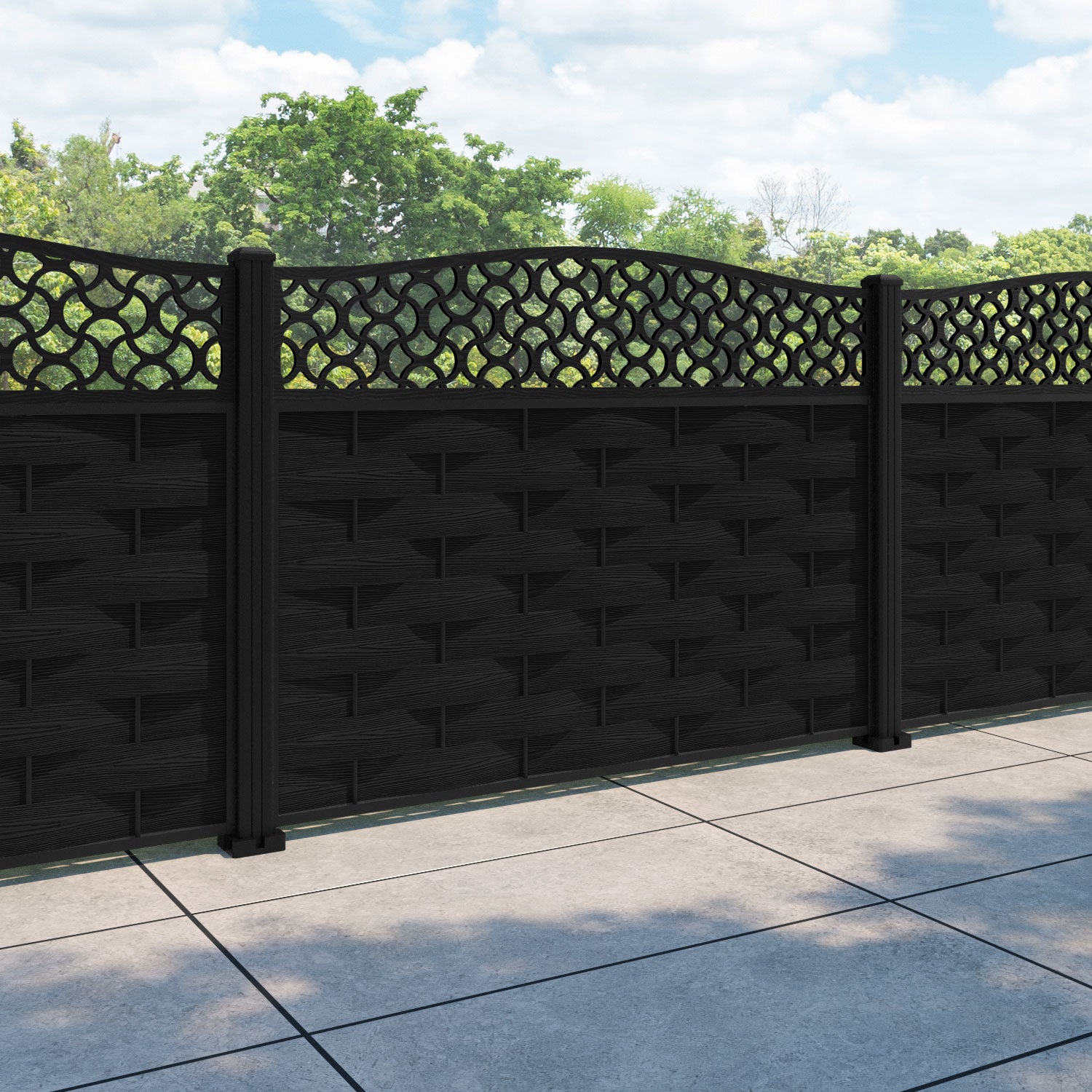 Ripple Vida Curved Top Fence Panel - Black - with our aluminium posts