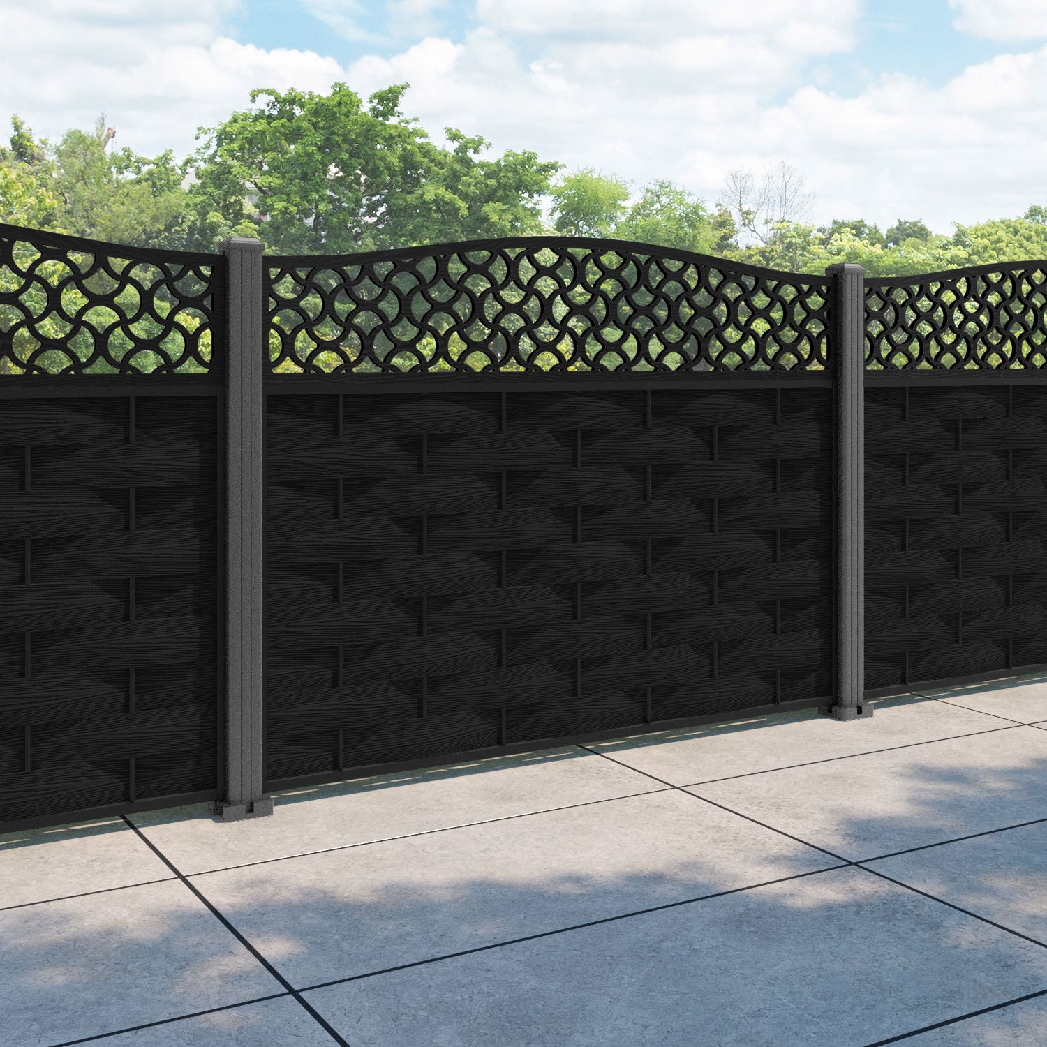 Ripple Vida Curved Top Fence Panel - Black - with our aluminium posts