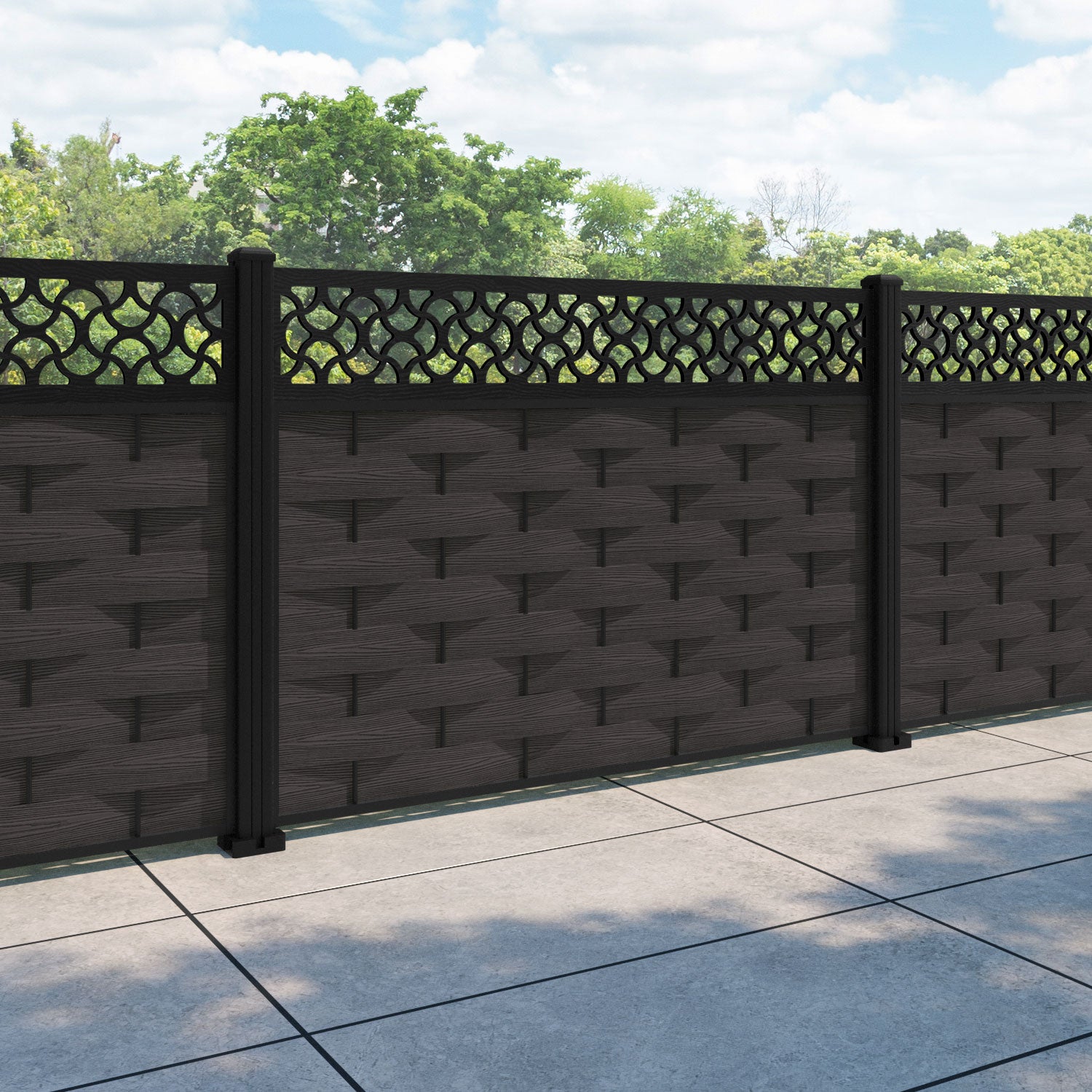 Ripple Vida Fence Panel - Dark Oak - with our aluminium posts