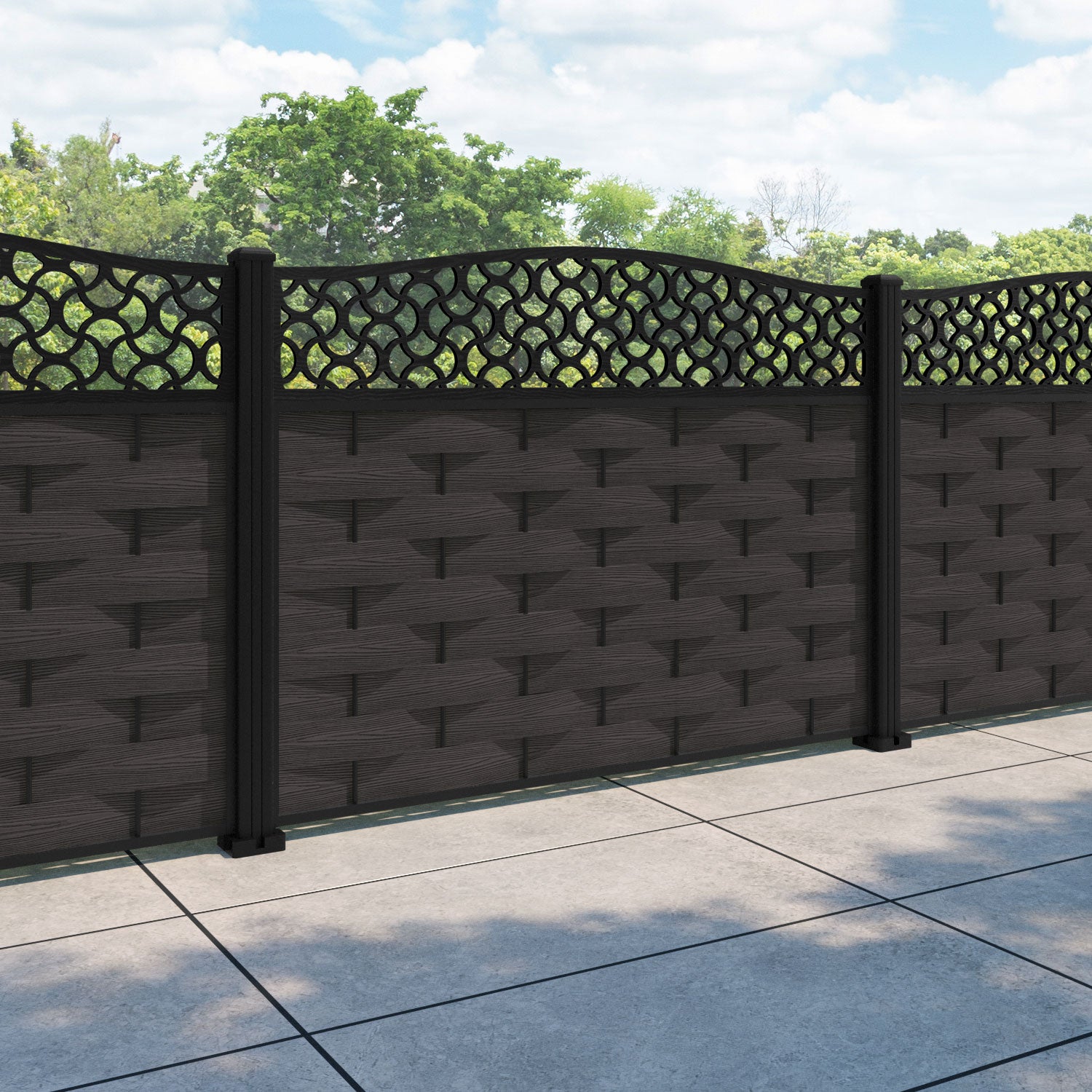 Ripple Vida Curved Top Fence Panel - Dark Oak - with our aluminium posts