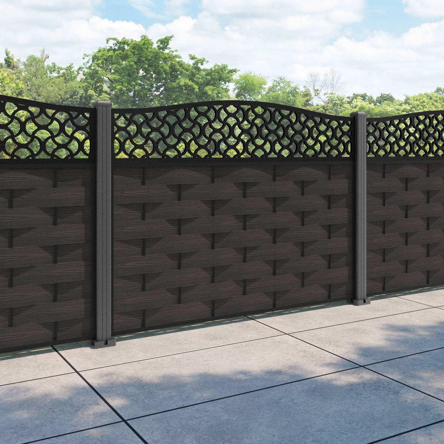 Ripple Vida Curved Top Fence Panel - Dark Oak - with our aluminium posts