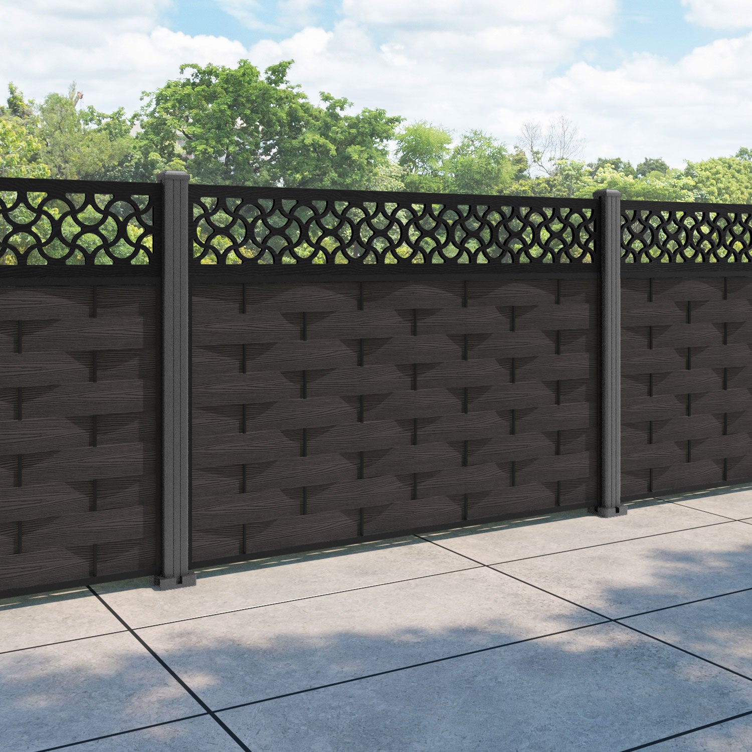 Ripple Vida Fence Panel - Dark Oak - with our aluminium posts