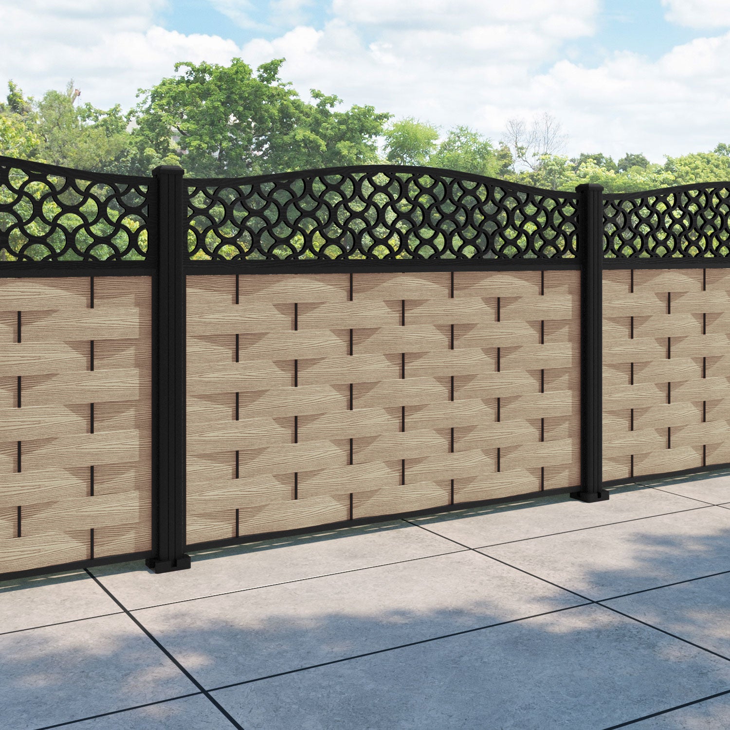 Ripple Vida Curved Top Fence Panel - Light Oak - with our aluminium posts