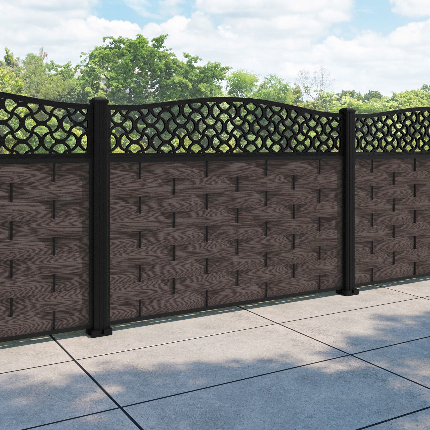 Ripple Vida Curved Top Fence Panel - Mid Brown - with our aluminium posts