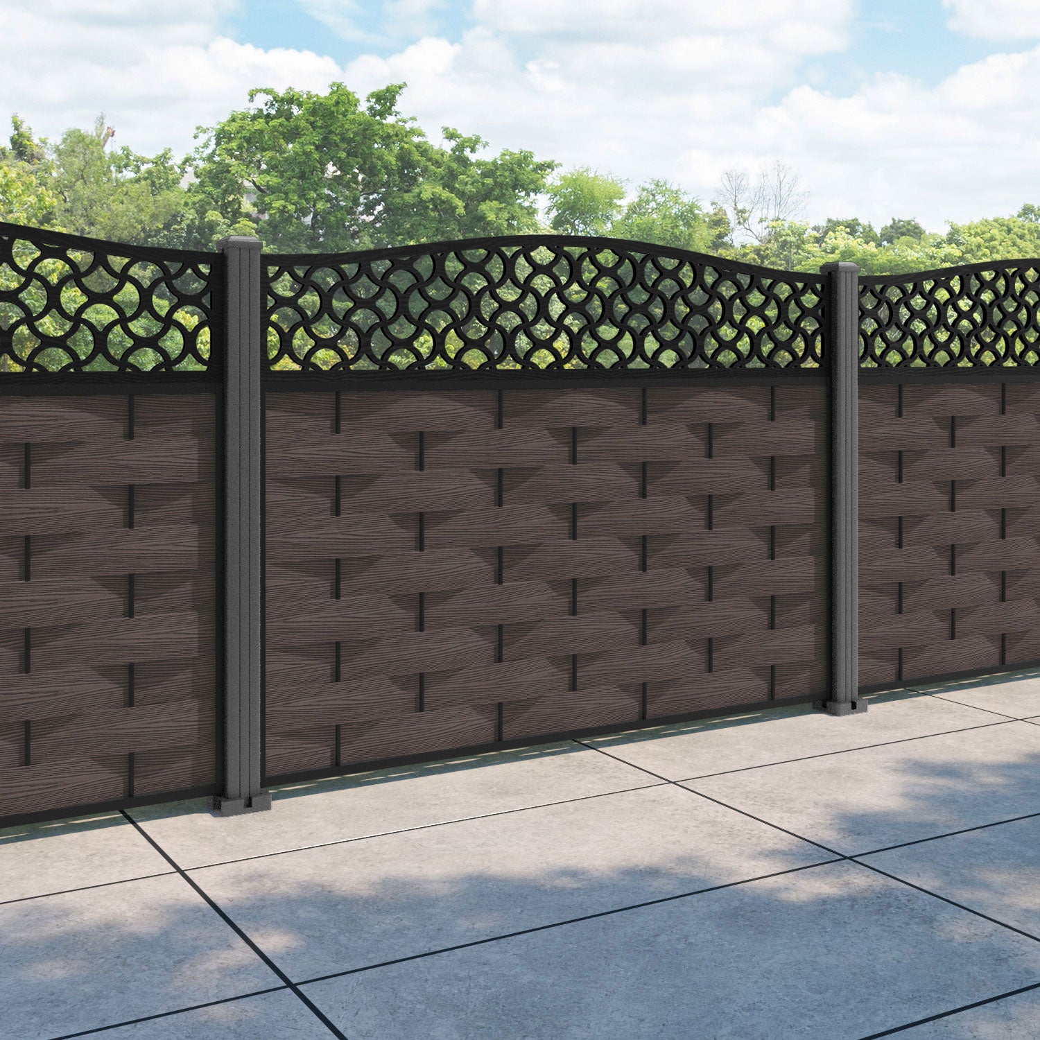 Ripple Vida Curved Top Fence Panel - Mid Brown - with our aluminium posts