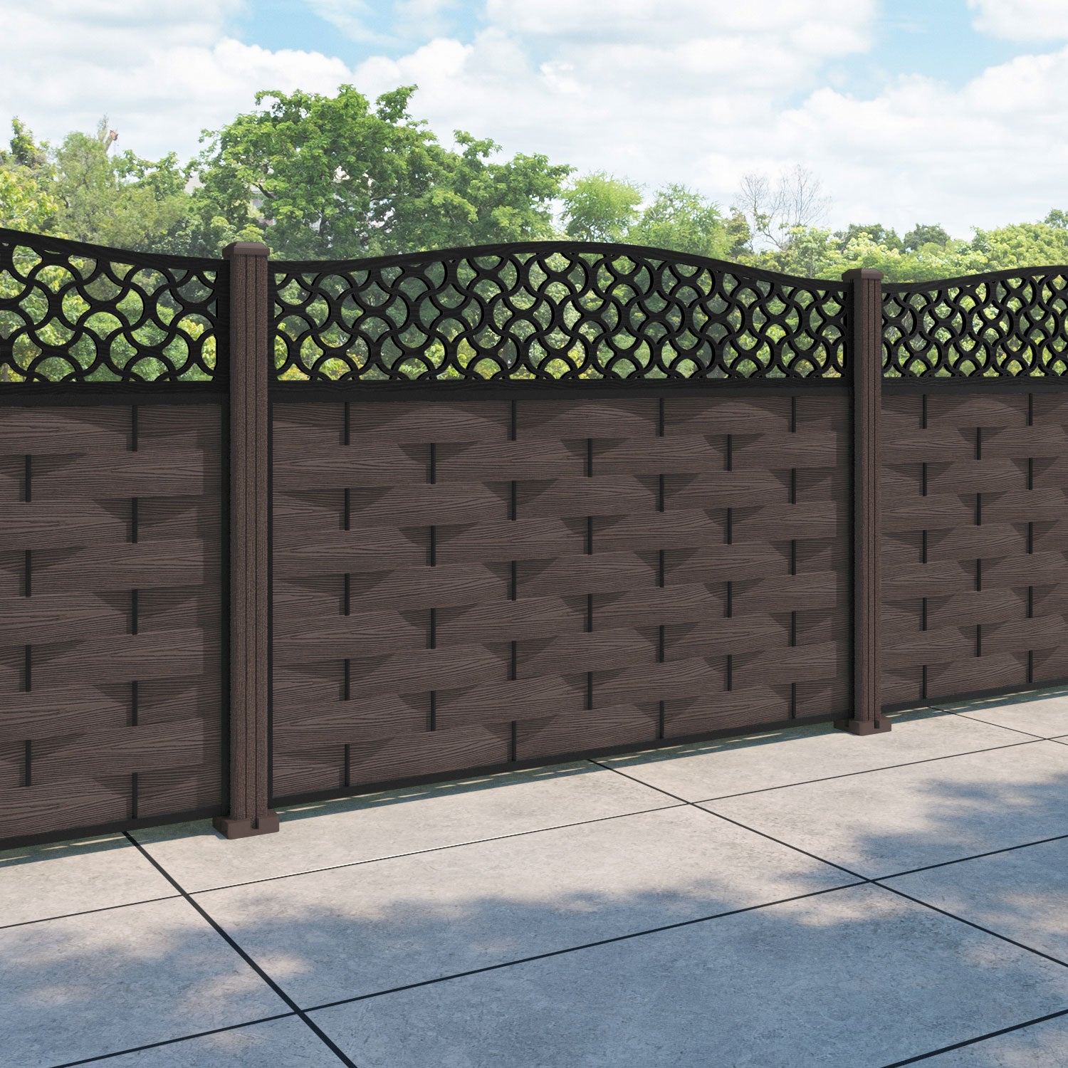 Ripple Vida Curved Top Fence Panel - Mid Brown - with our composite posts