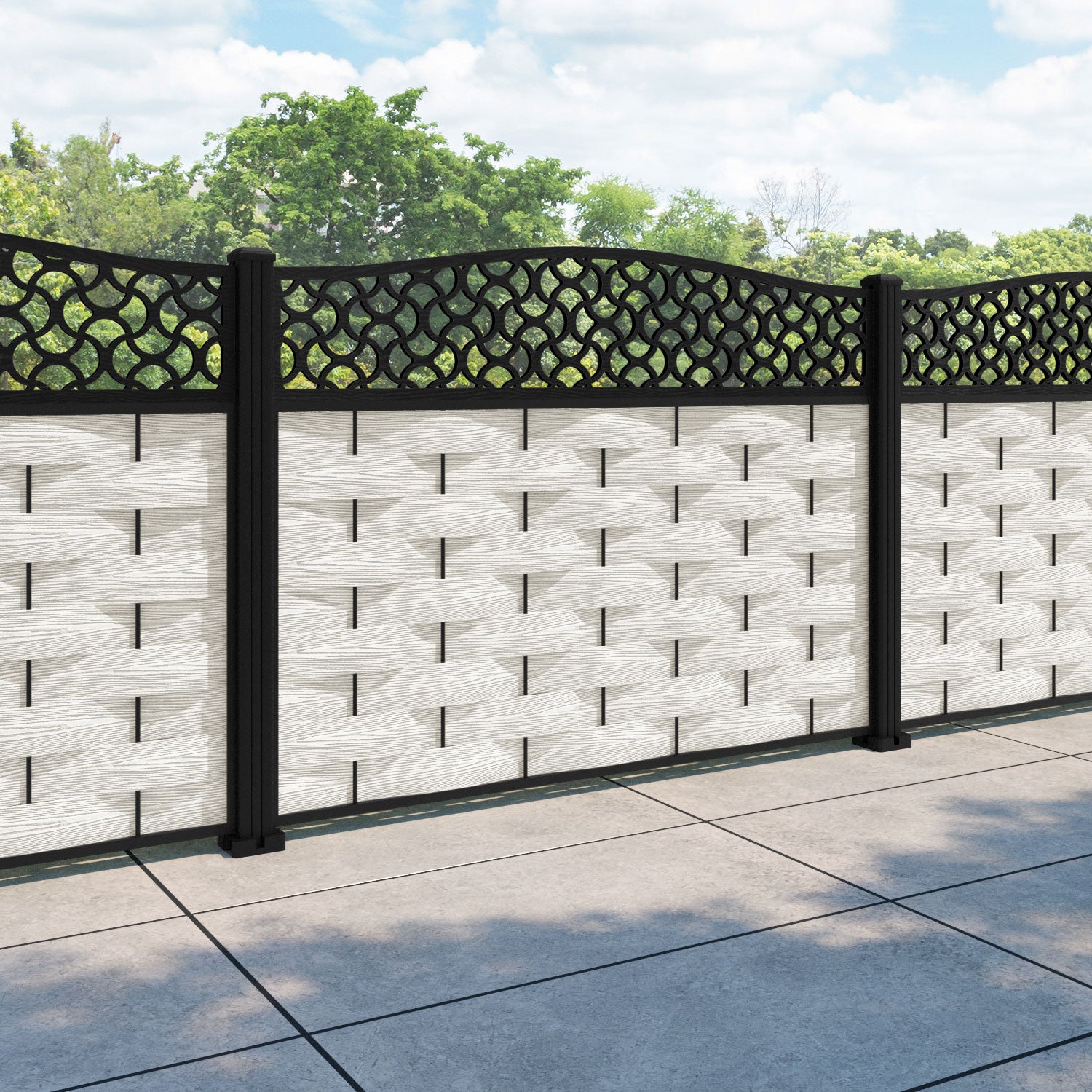 Ripple Vida Curved Top Fence Panel - Light Stone - with our aluminium posts