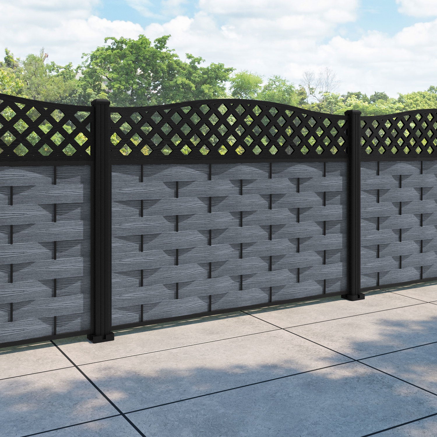 Ripple High Wave Curved Top Fence Panel - Anthracite - with our aluminium posts