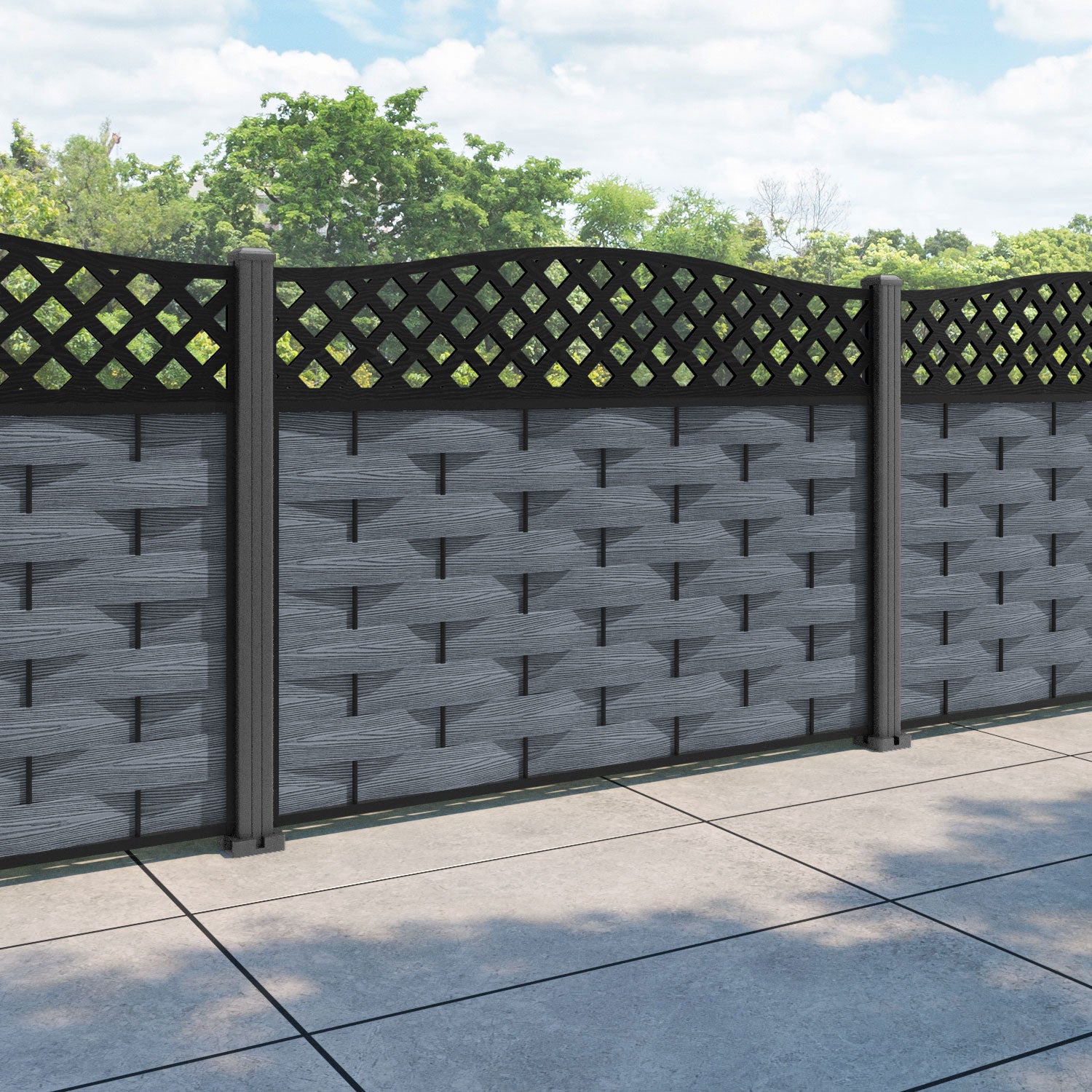 Ripple High Wave Curved Top Fence Panel - Anthracite - with our aluminium posts