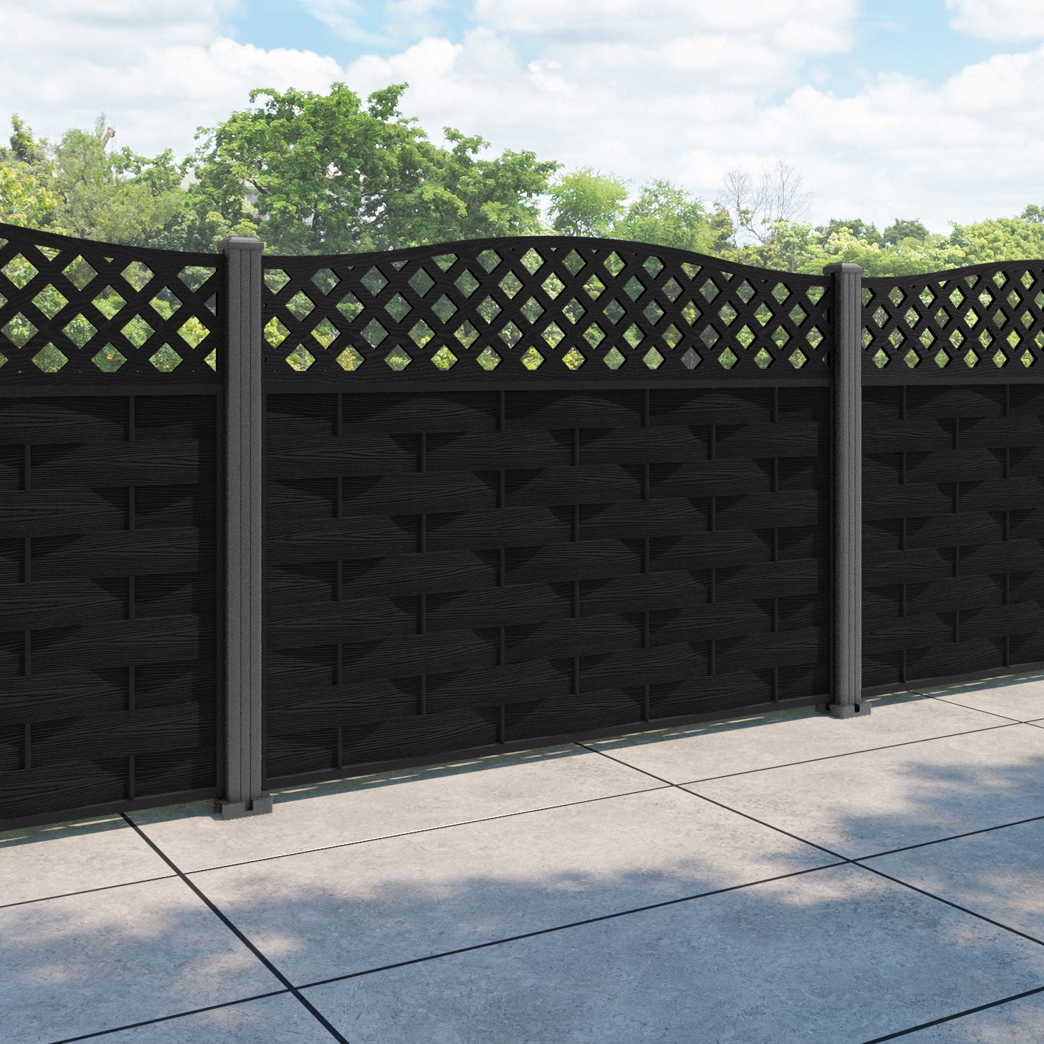 Ripple High Wave Curved Top Fence Panel - Black - with our aluminium posts