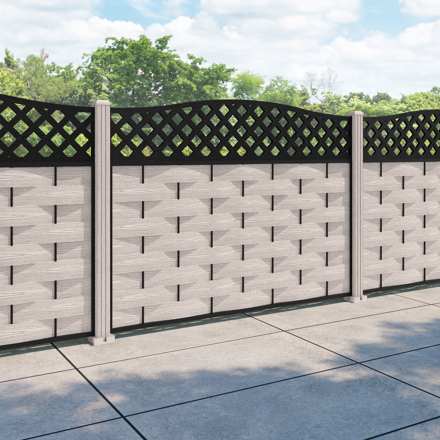Ripple High Wave Curved Top Fence Panel - Mid Stone - with our composite posts