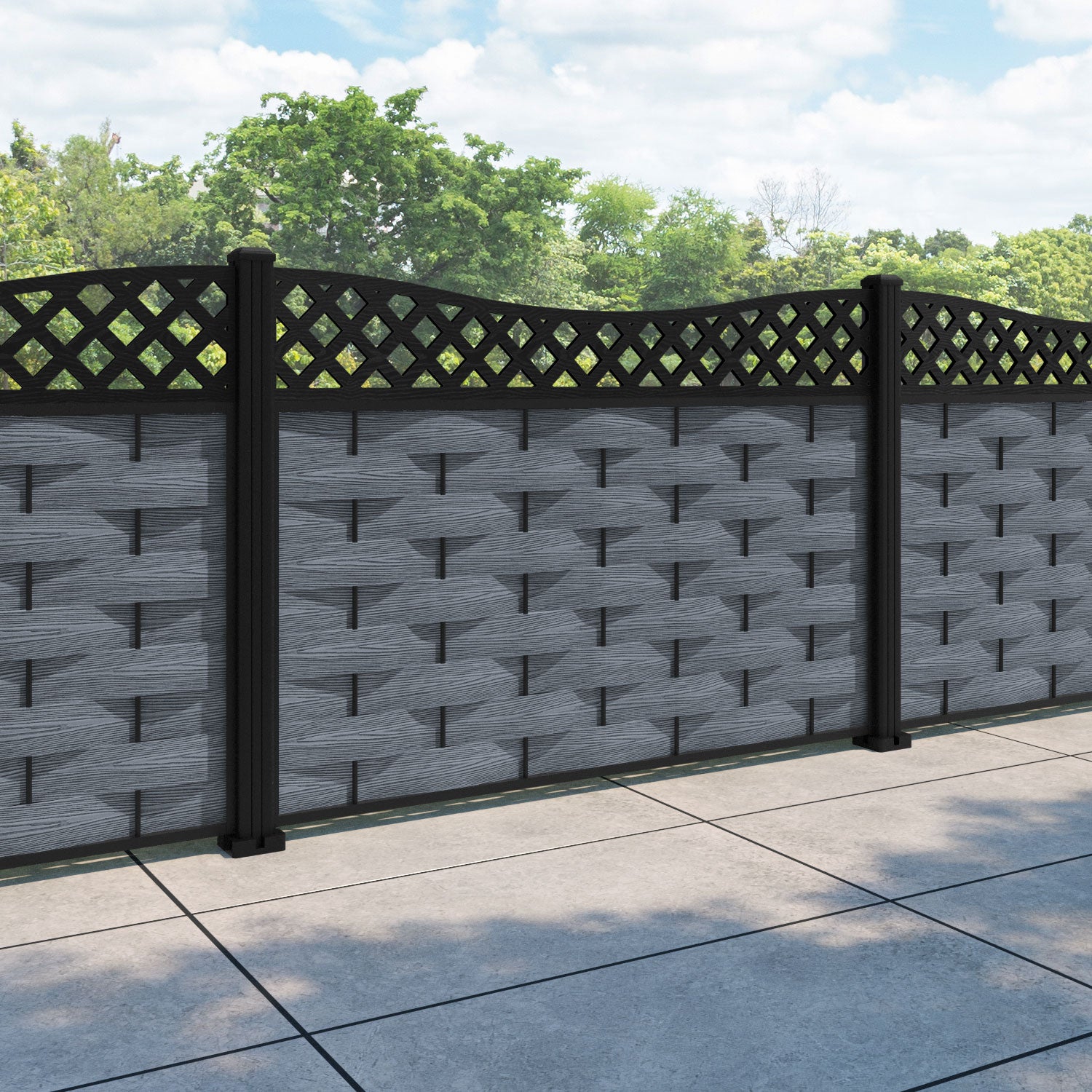 Ripple Low Wave Curved Top Fence Panel - Anthracite - with our aluminium posts