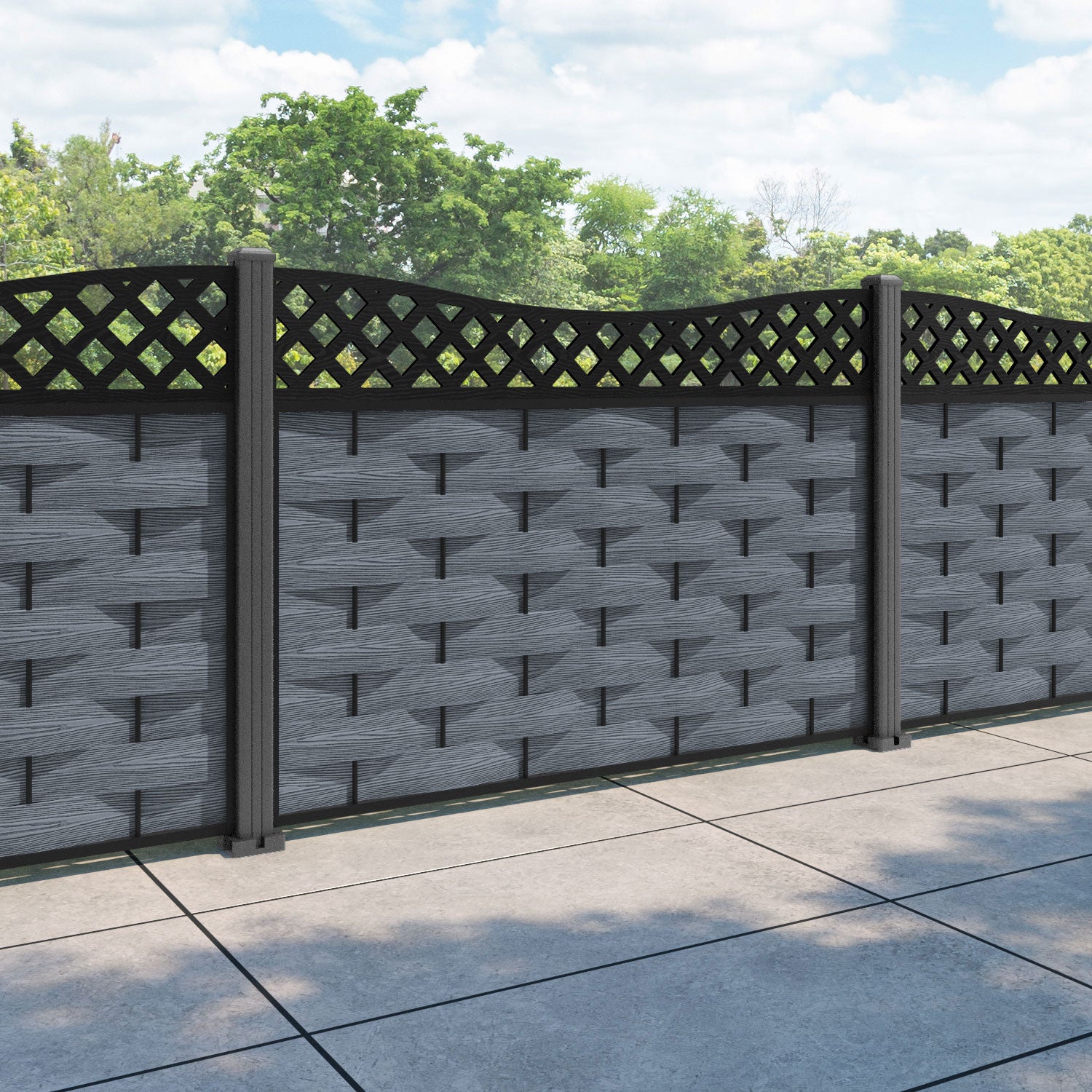 Ripple Low Wave Curved Top Fence Panel - Anthracite - with our aluminium posts
