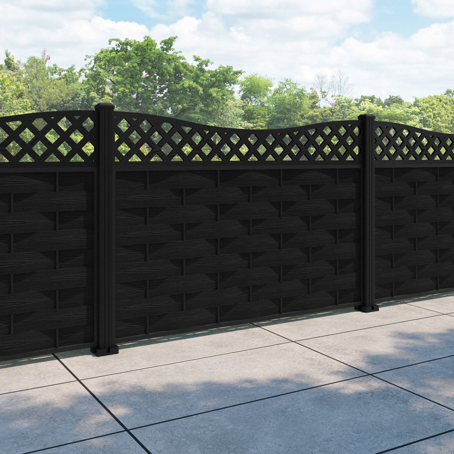 Ripple Low Wave Curved Top Fence Panel - Black - with our aluminium posts