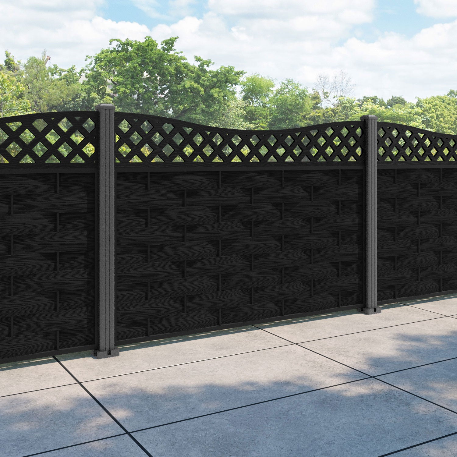 Ripple Low Wave Curved Top Fence Panel - Black - with our aluminium posts