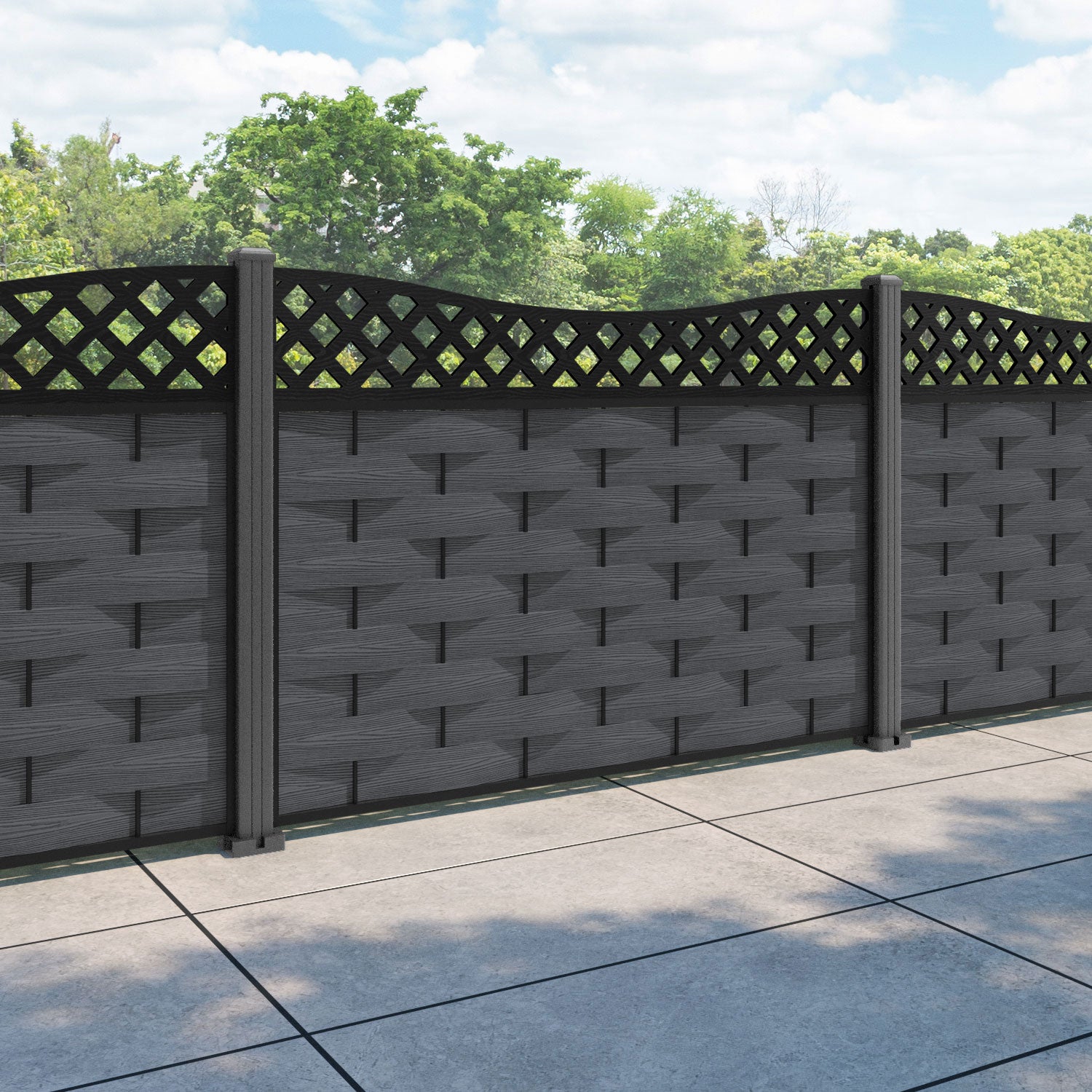 Ripple Low Wave Fence Panel - Dark Grey - with our aluminium posts