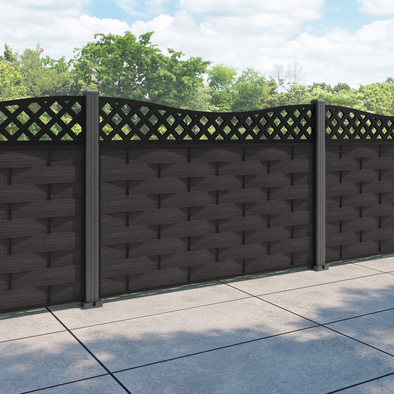 Ripple Low Wave Fence Panel - Dark Oak - with our aluminium posts