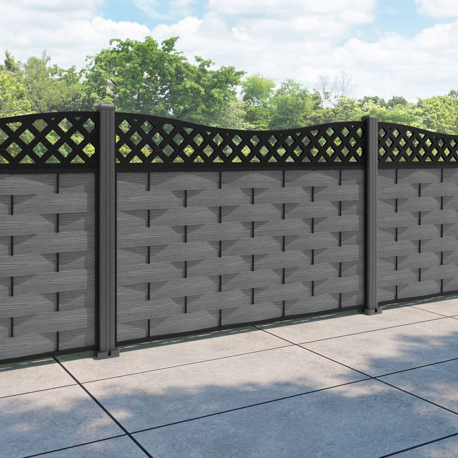Ripple Low Wave Fence Panel - Mid Grey - with our aluminium posts