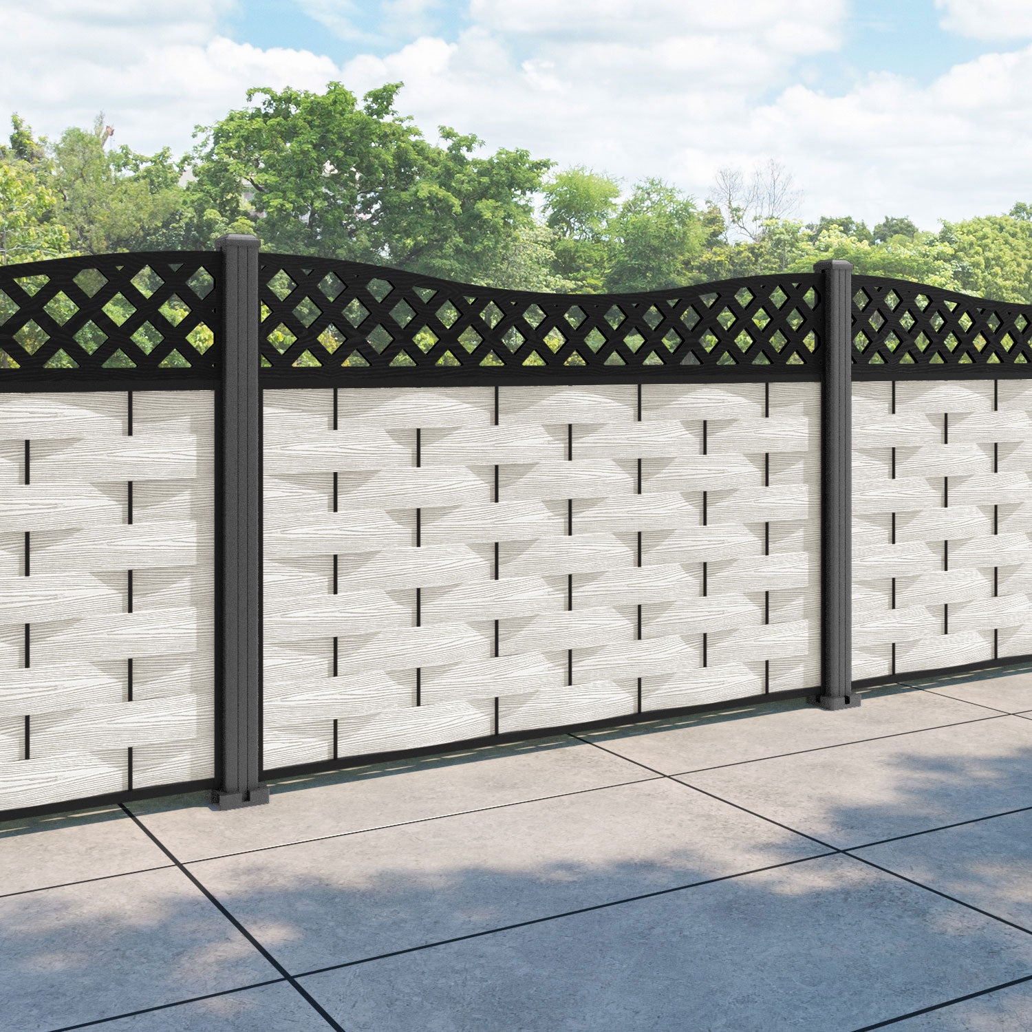 Ripple Low Wave Fence Panel - Light Stone - with our aluminium posts