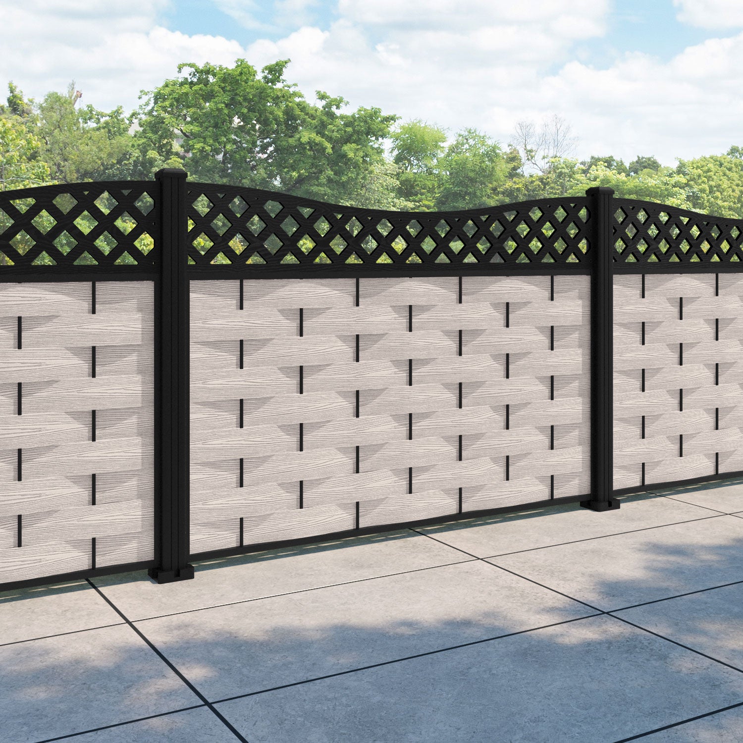 Ripple Low Wave Curved Top Fence Panel - Mid Stone - with our aluminium posts