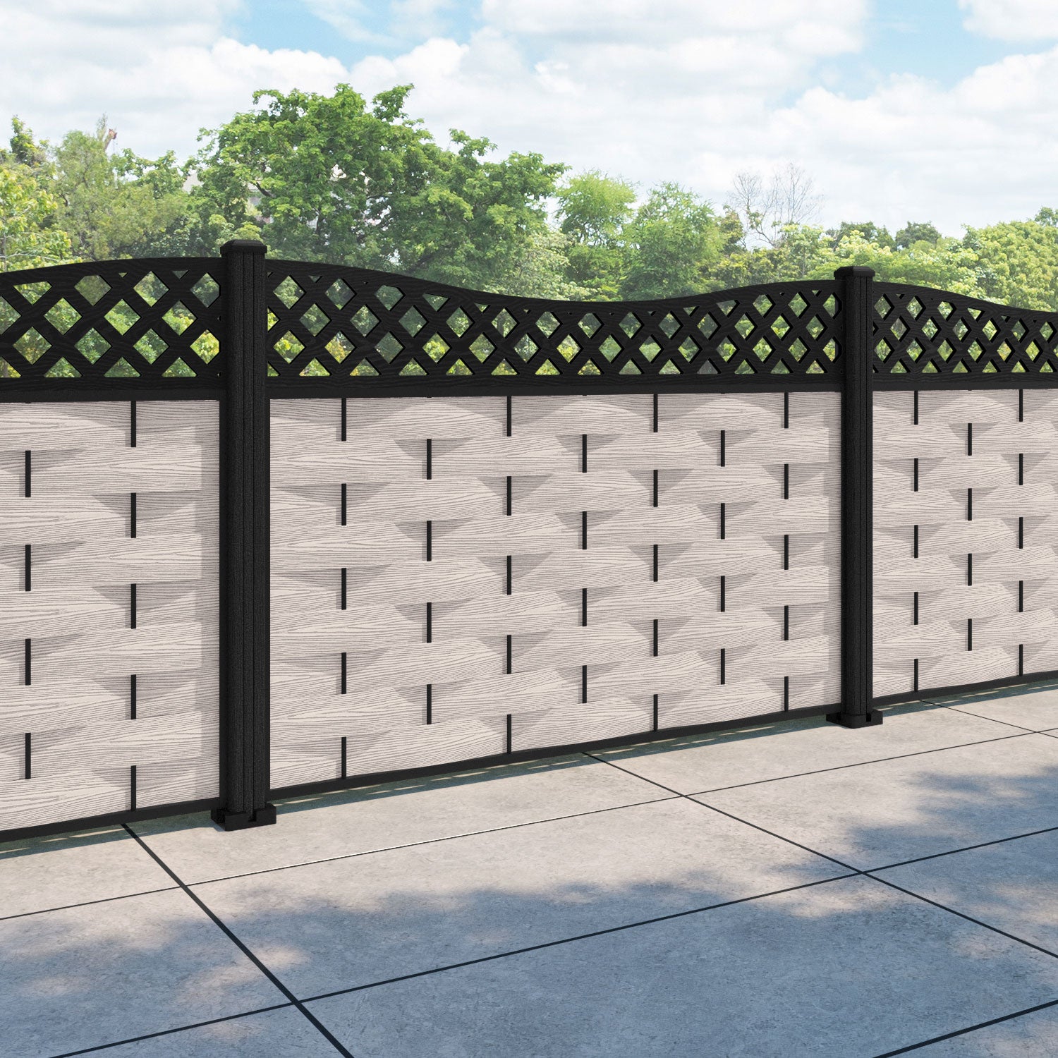 Ripple Low Wave Curved Top Fence Panel - Mid Stone - with our composite posts