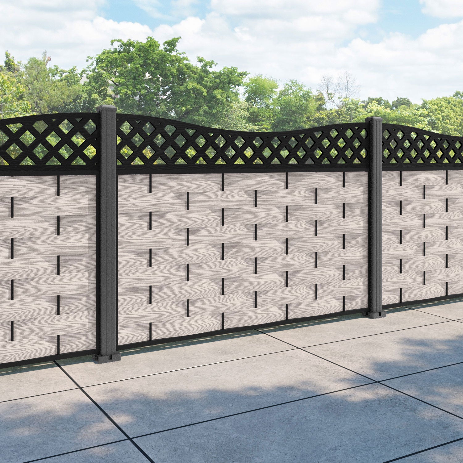 Ripple Low Wave Curved Top Fence Panel - Mid Stone - with our aluminium posts