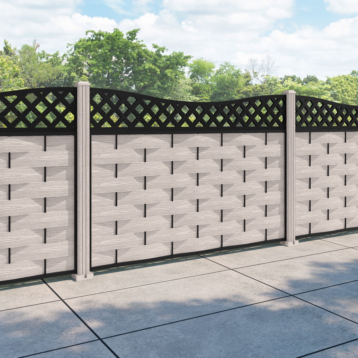 Ripple Low Wave Curved Top Fence Panel - Mid Stone - with our composite posts