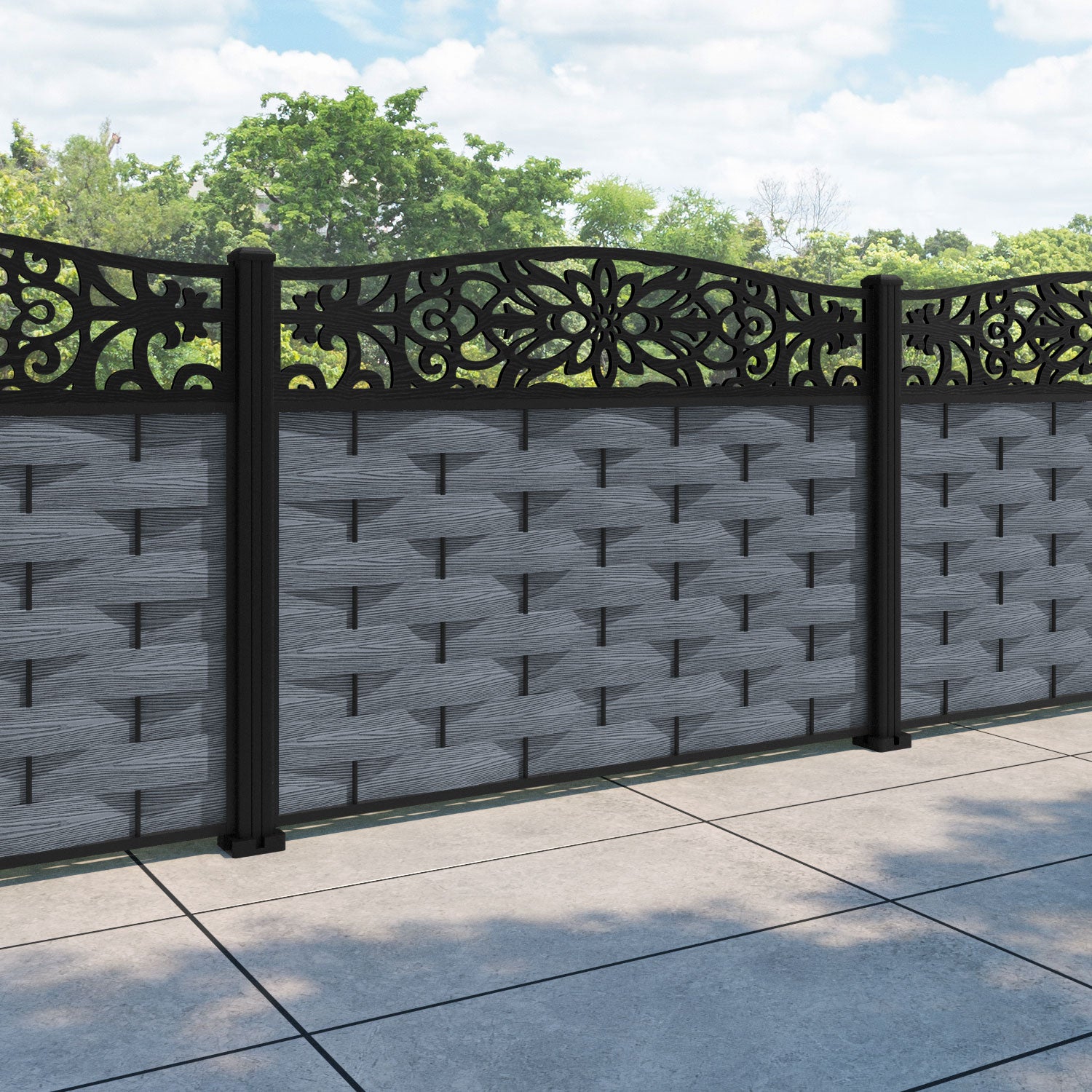 Ripple Windsor Curved Top Fence Panel - Anthracite - with our aluminium posts