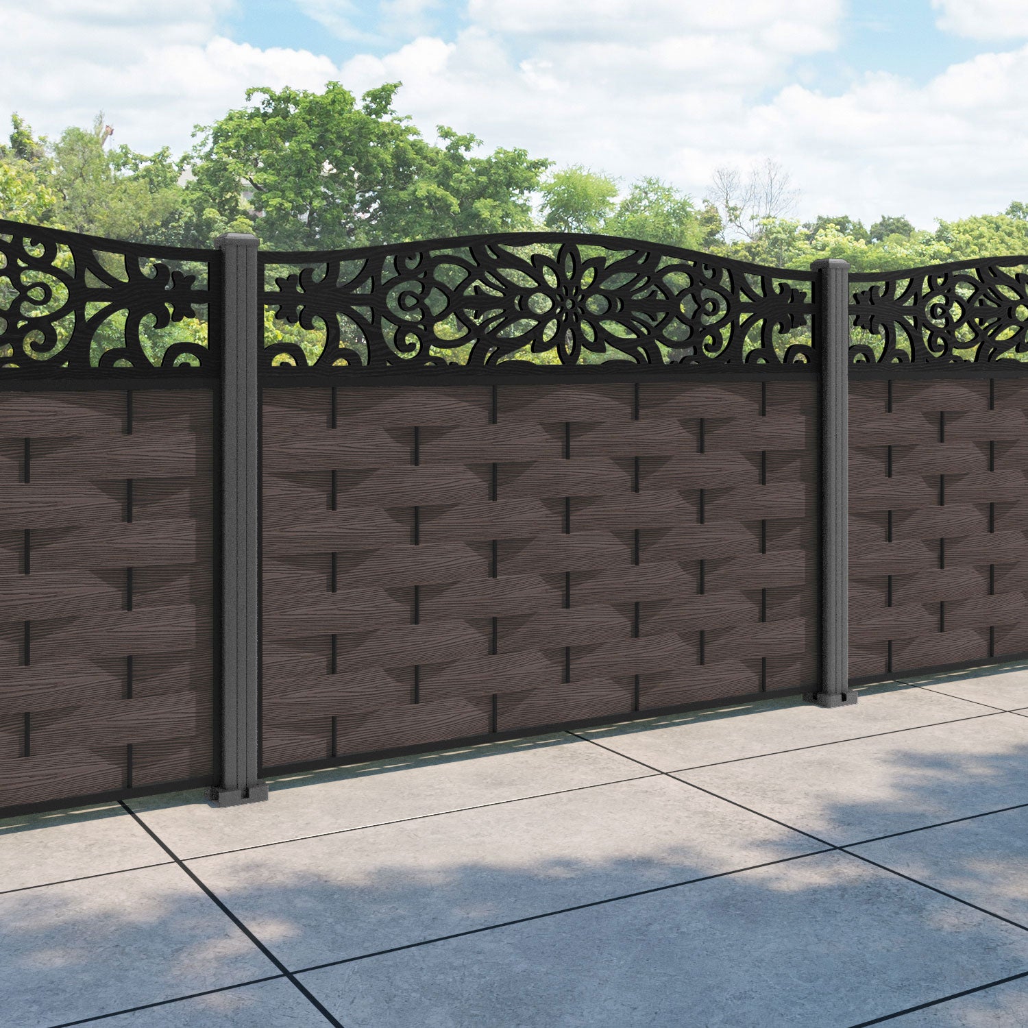Ripple Windsor Curved Top Fence Panel - Mid Brown - with our aluminium posts