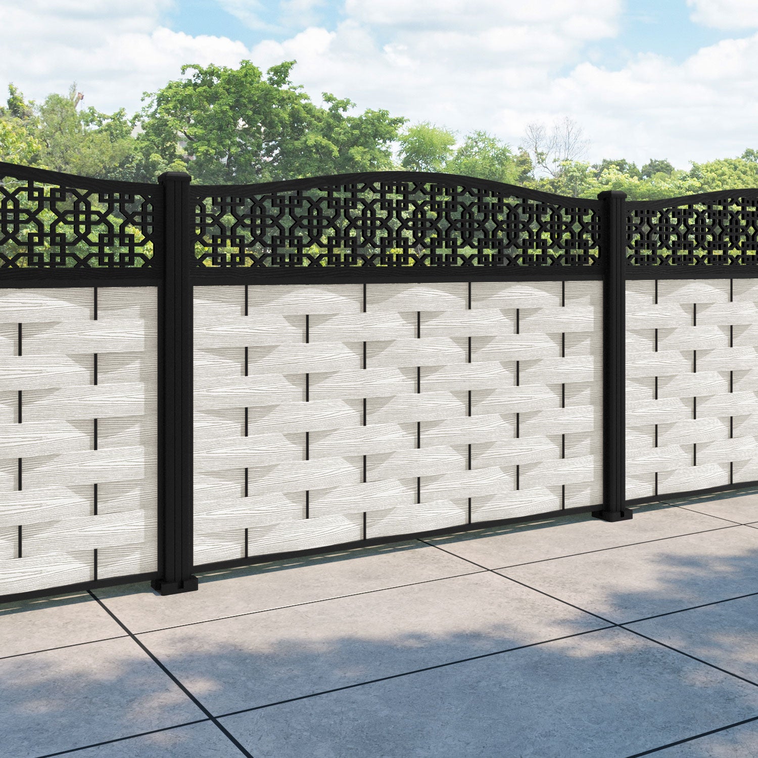 Ripple Zaria Curved Top Fence Panel - Light Stone - with our aluminium posts