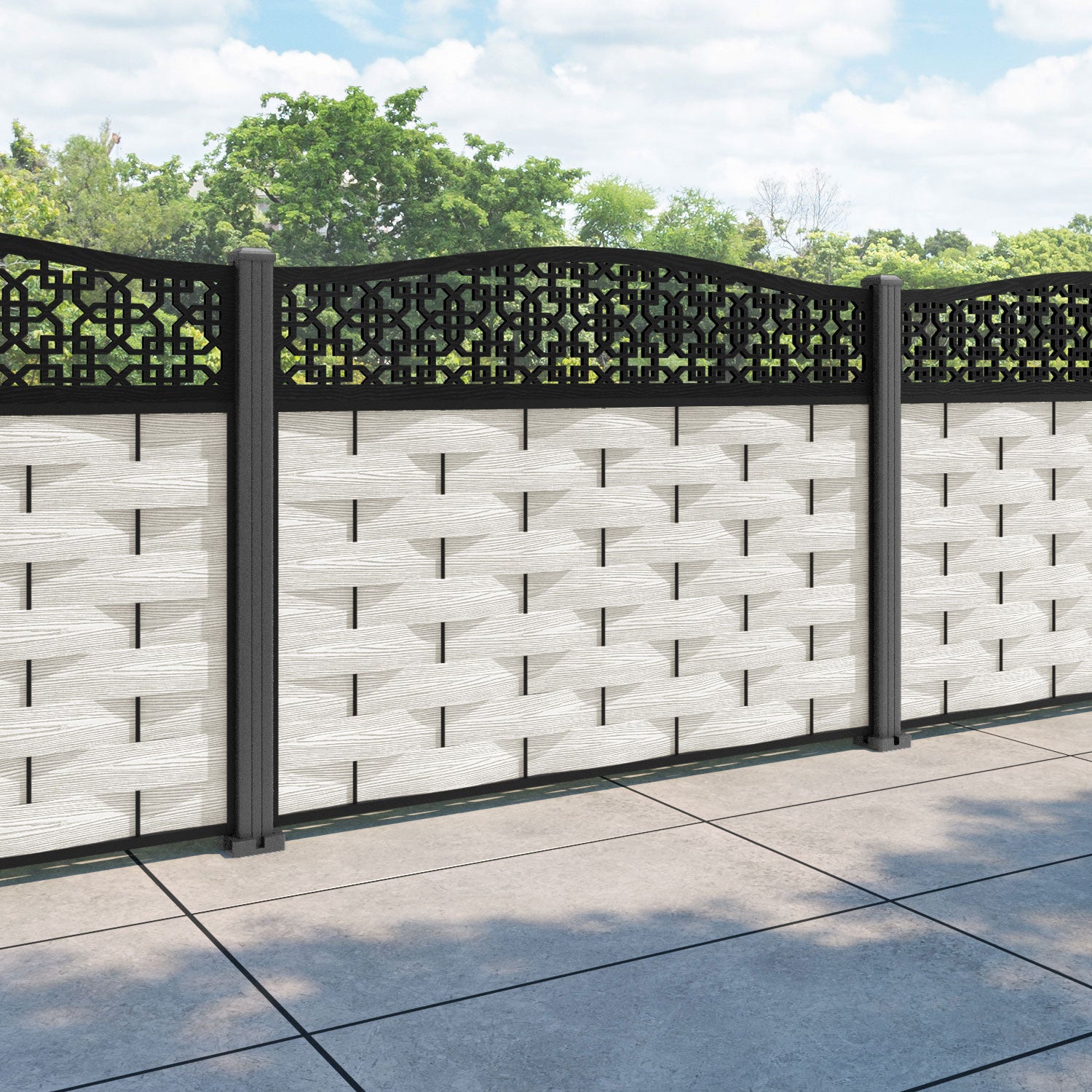 Ripple Zaria Curved Top Fence Panel - Light Stone - with our aluminium posts