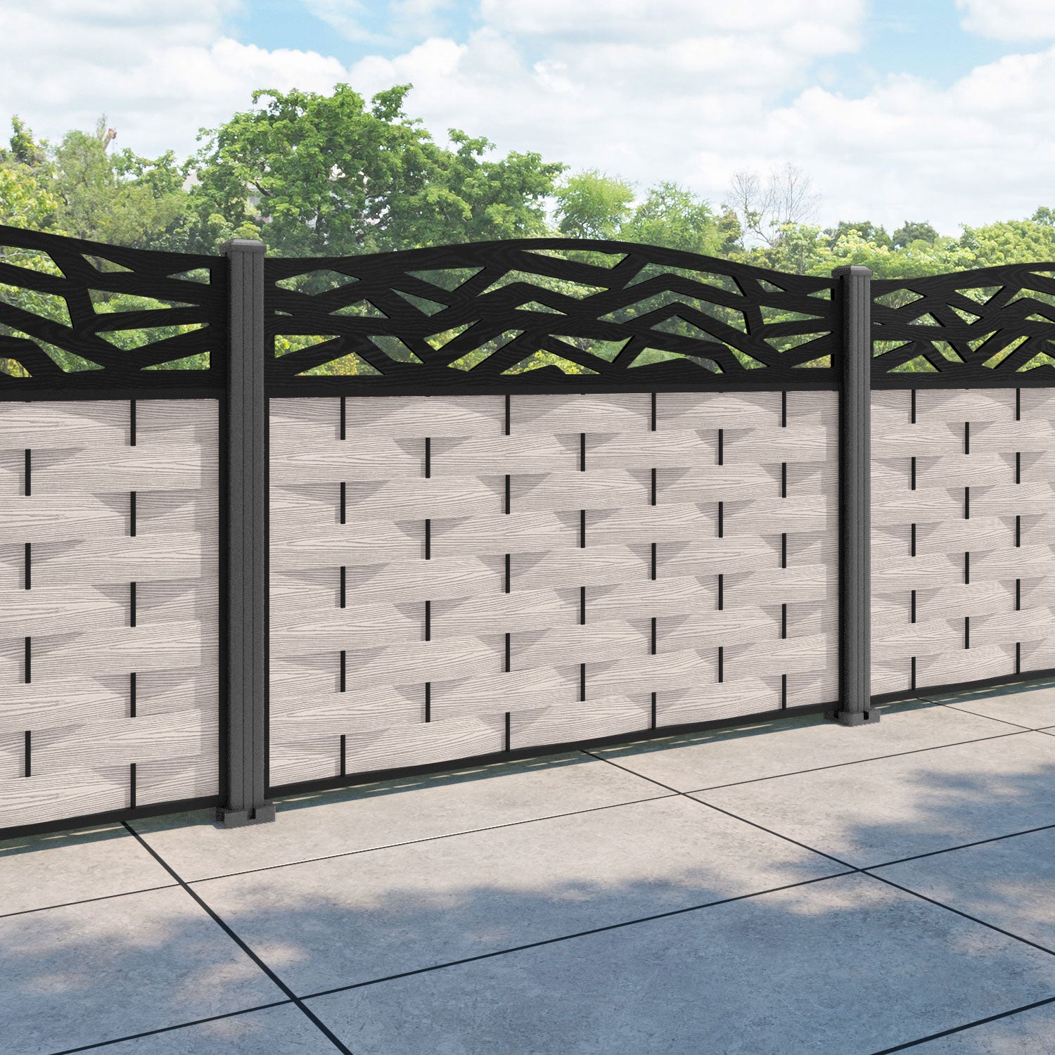 Ripple Zenith Curved Top Fence Panel - Mid Stone - with our aluminium posts