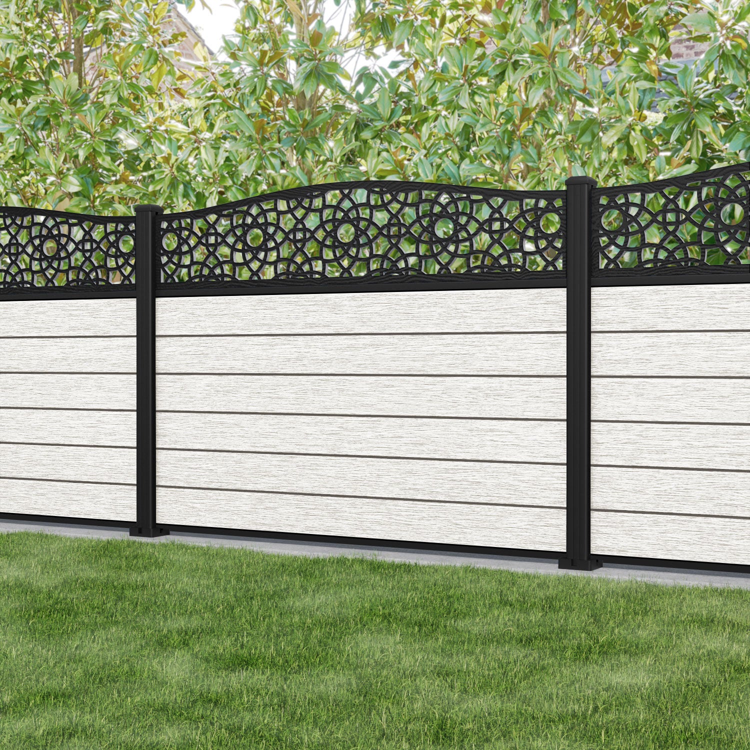 Fusion Ambar Curved Top Fence Panel - Light Stone - with our aluminium posts