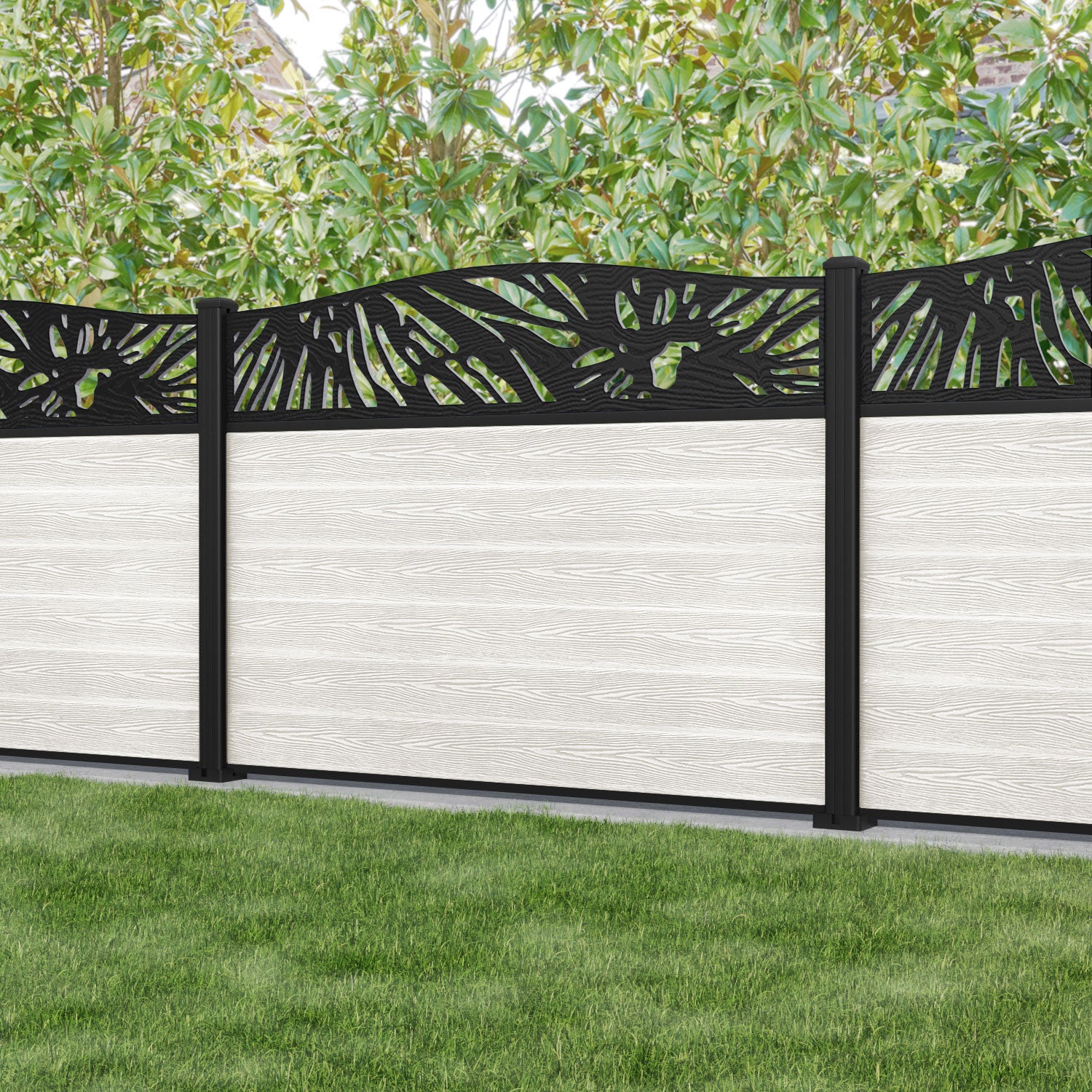 Fusion Poppy Curved Top Fence Panel - Light Stone - with our aluminium posts