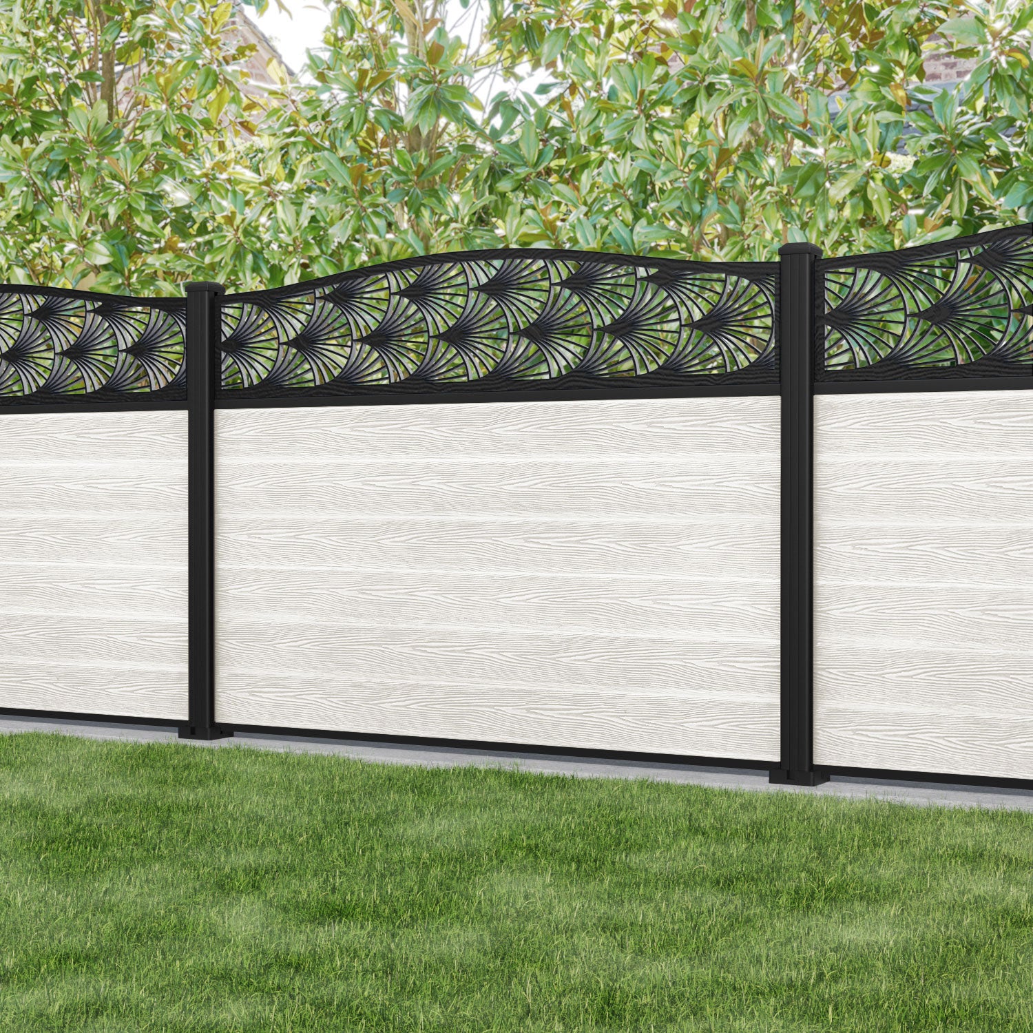 Classic Laurel Curved Top Fence Panel - Light Stone - with our aluminium posts