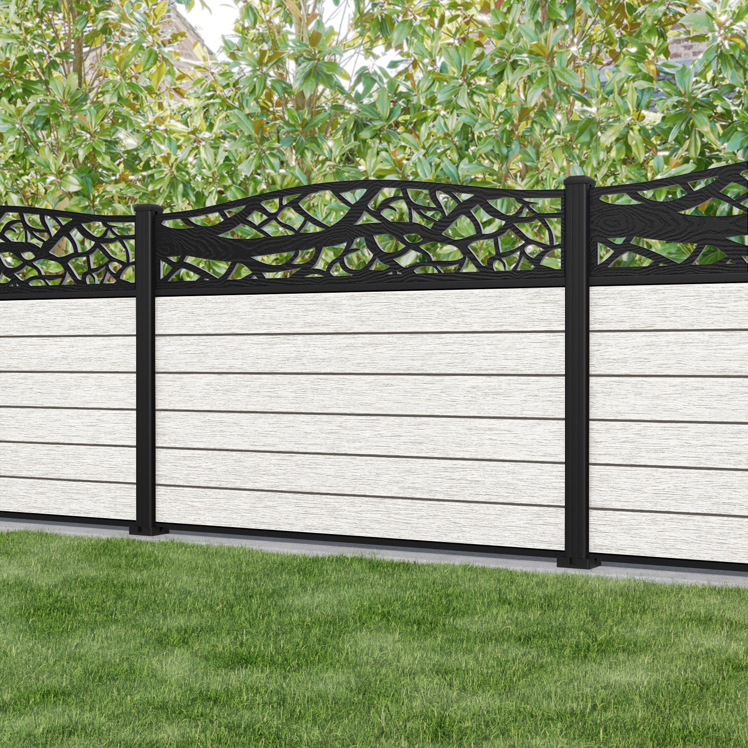 Fusion Twilight Curved Top Fence Panel - Light Stone - with our aluminium posts