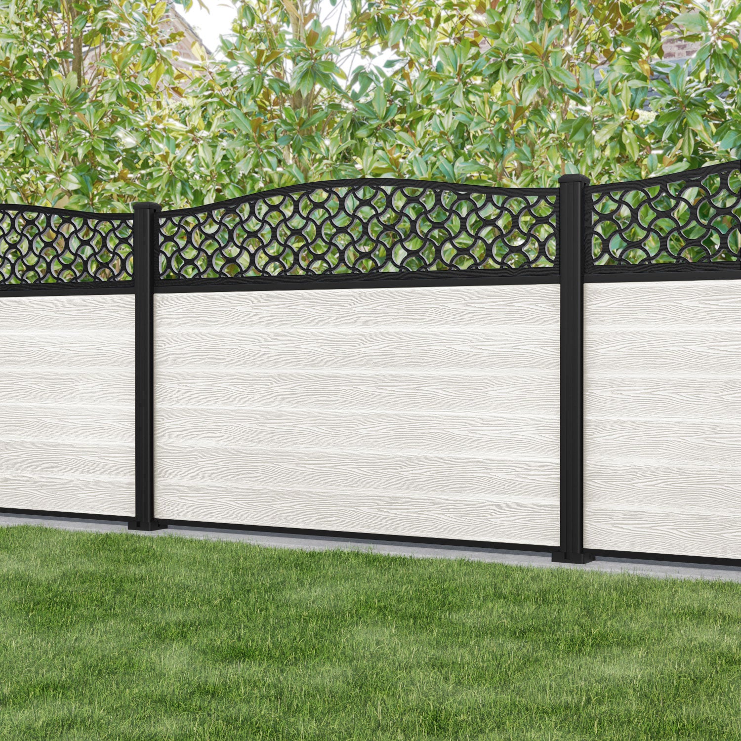 Classic Vida Curved Top Fence Panel - Light Stone - with our aluminium posts