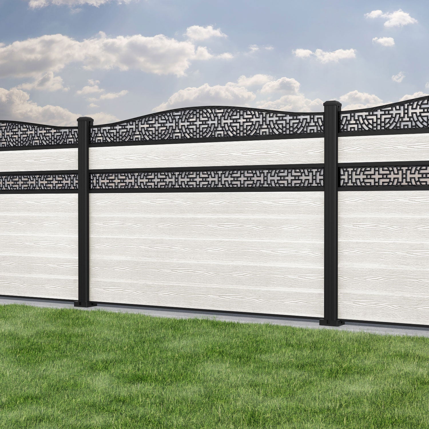 Classic Kumo Curved Top Split Screen Fence Panel - Light Stone - with our aluminium posts